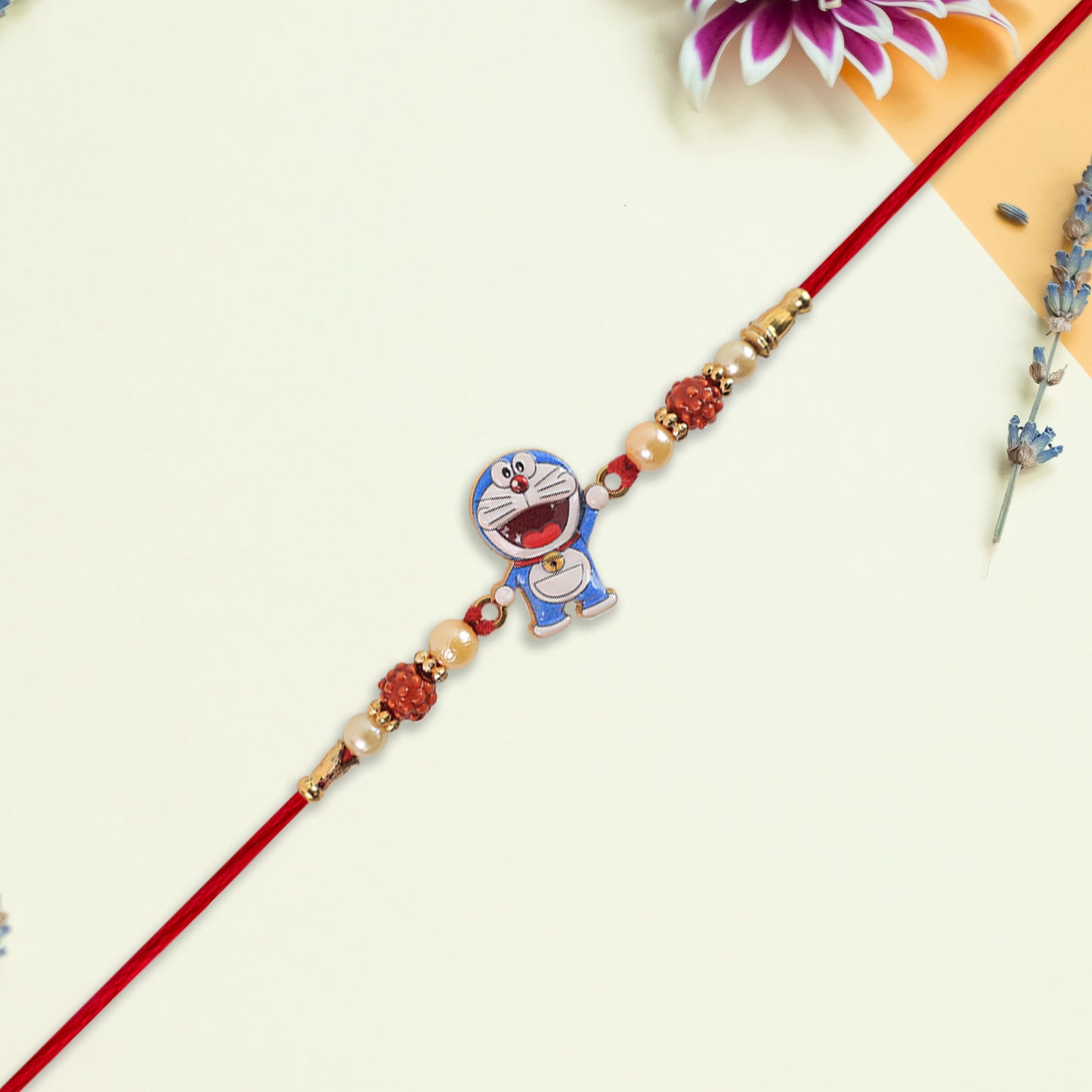 Cute Doraemon Kids Rakhi With Rudraksha Pearl Beads - warehousetech13