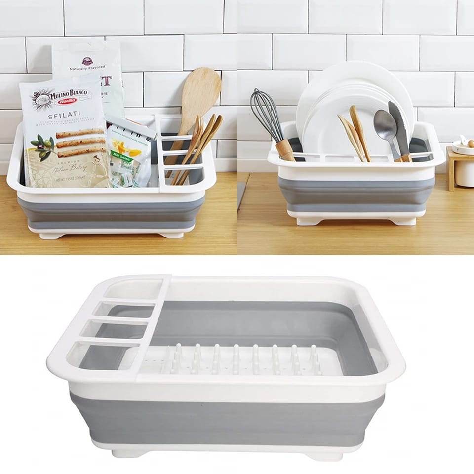 Collapsible Folding Silicone Dish Drying Drainer Rack With Spoon Fork Knife Storage Holder - warehousetech13