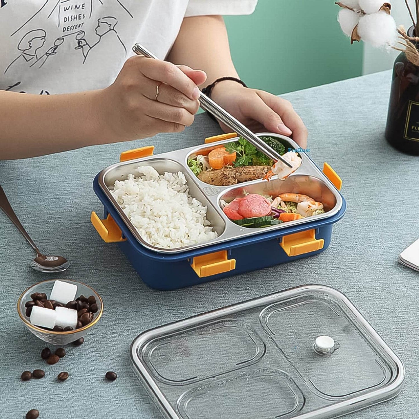 Lunch Box With A Spoon And A Pair Of Chopsticks (1 Set) 3 Compartment Transparent Stainless Steel - warehousetech13
