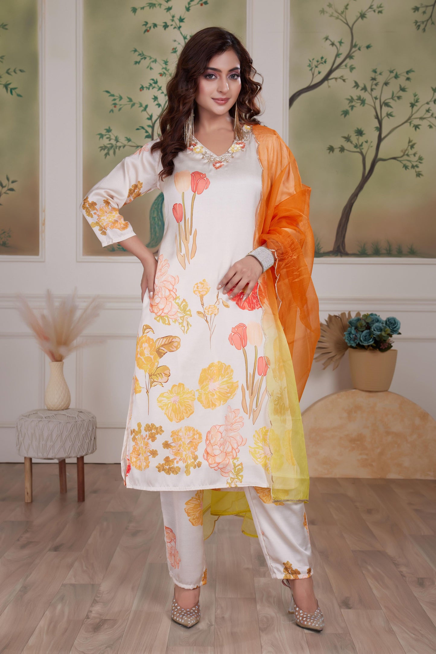 Malaika Silk Pink & White Kurta Set with Dupatta – Elegant Women’s Ethnic Wear