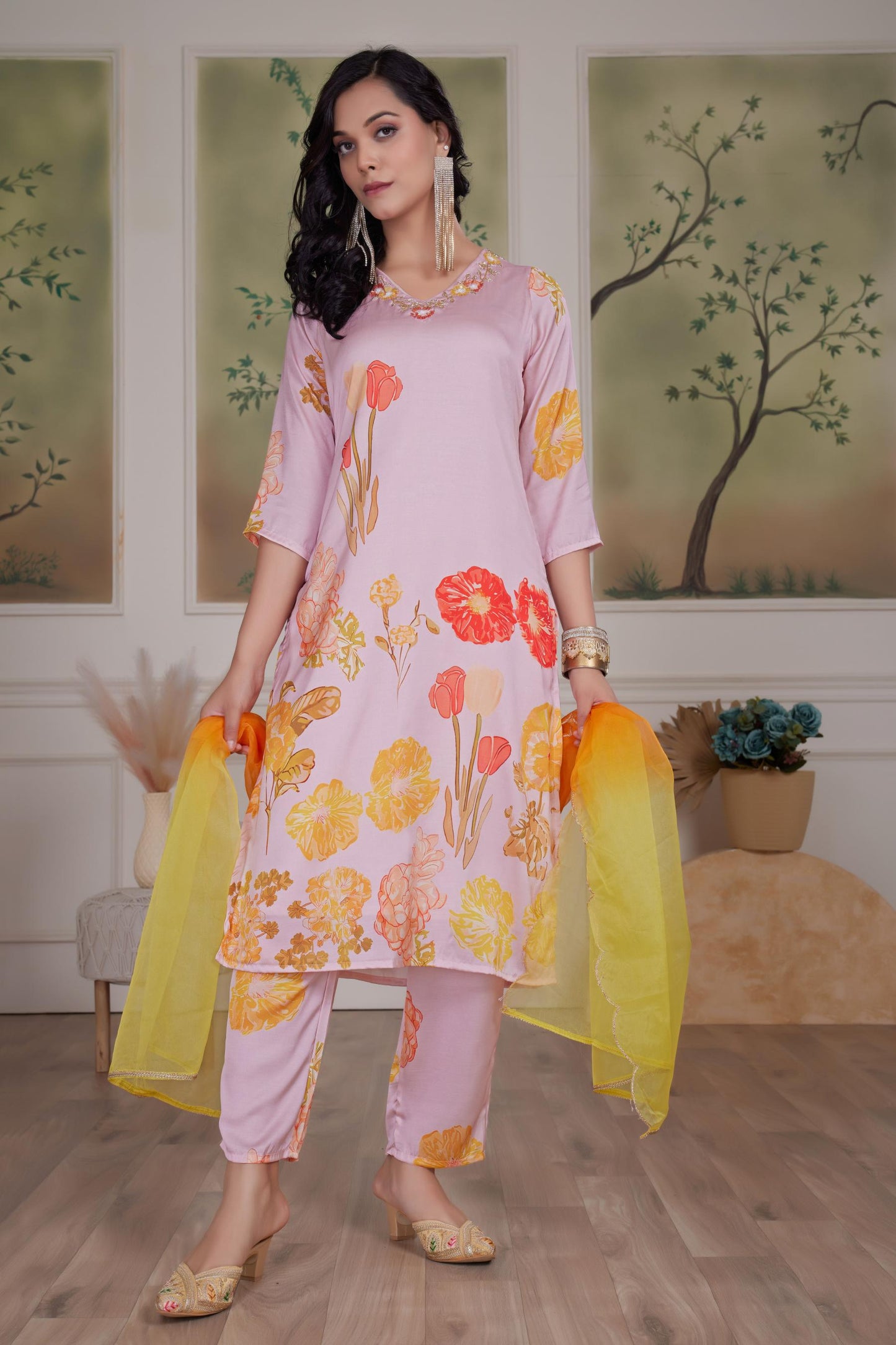 Malaika Silk Pink & White Kurta Set with Dupatta – Elegant Women’s Ethnic Wear