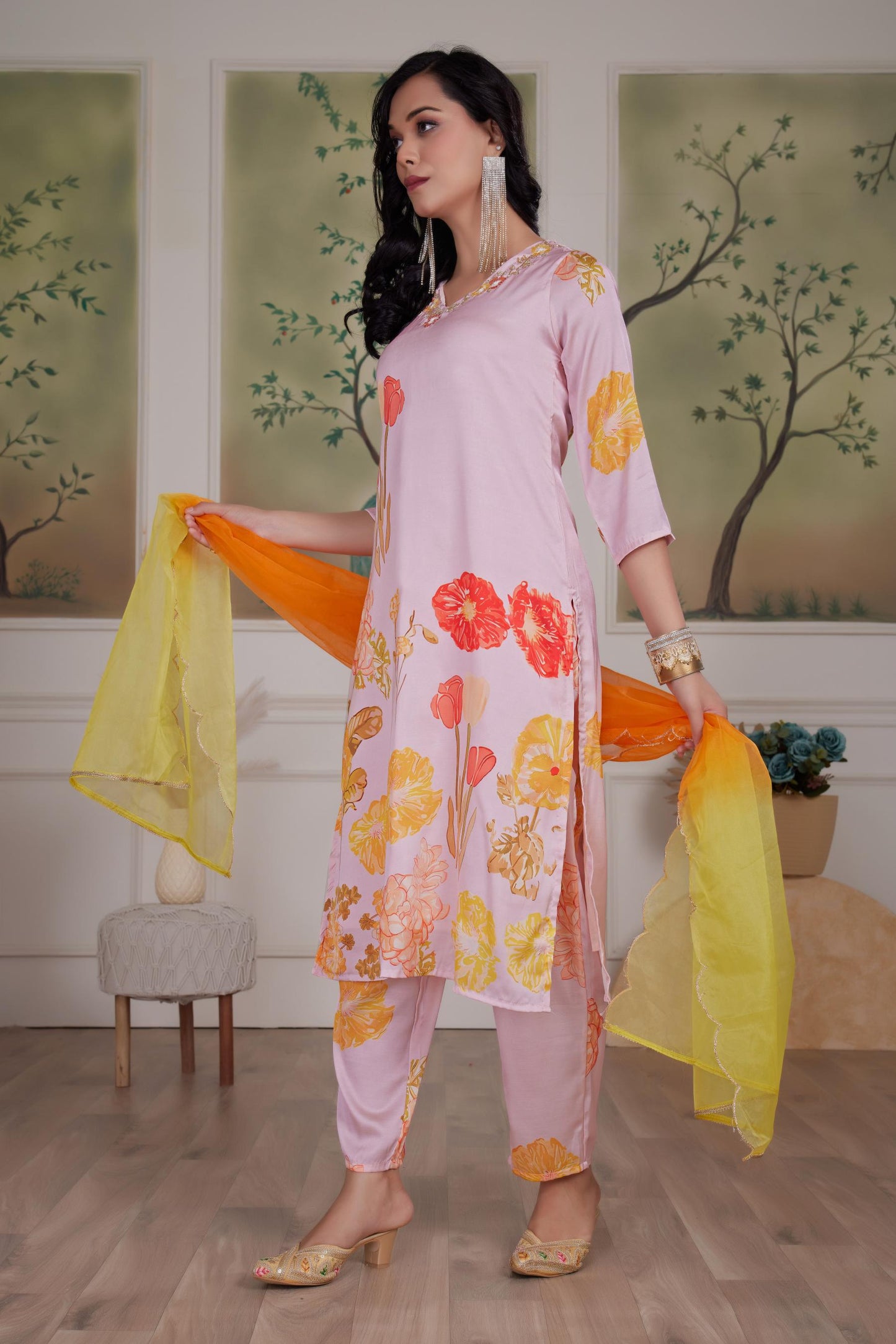Malaika Silk Pink & White Kurta Set with Dupatta – Elegant Women’s Ethnic Wear