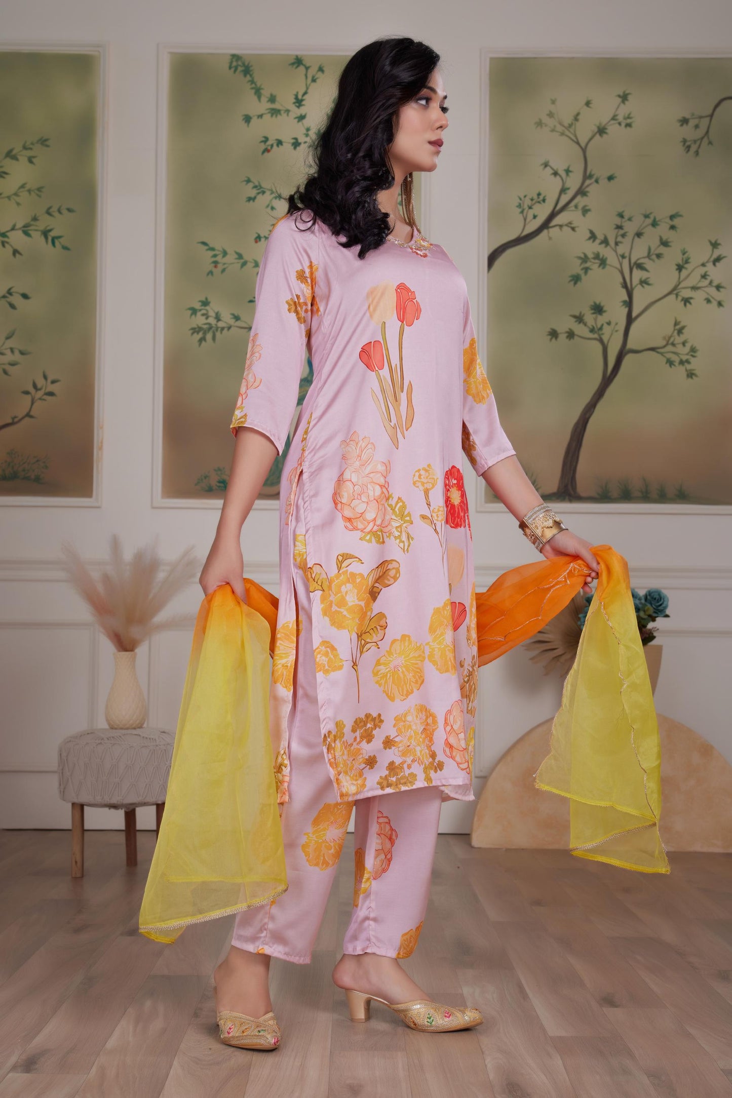 Malaika Silk Pink & White Kurta Set with Dupatta – Elegant Women’s Ethnic Wear
