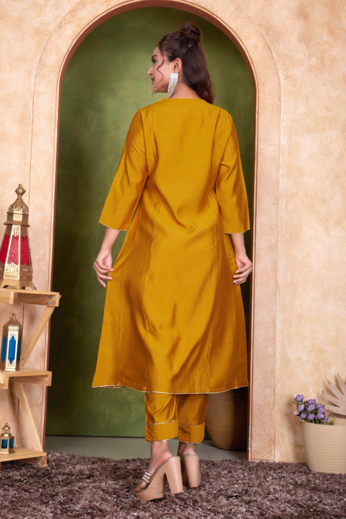 Preet Mustard & Purple Chanderi Silk Kurta Set with Dupatta for Women - Ethnic Festive Wear