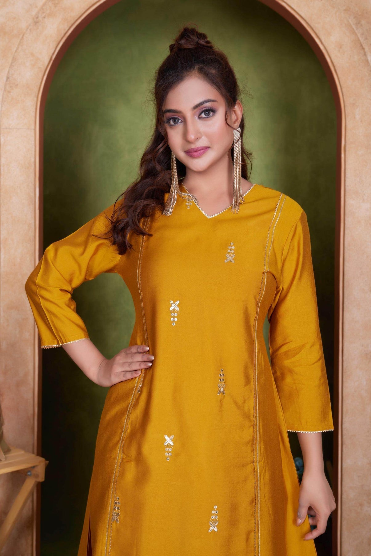 Preet Mustard & Purple Chanderi Silk Kurta Set with Dupatta for Women - Ethnic Festive Wear