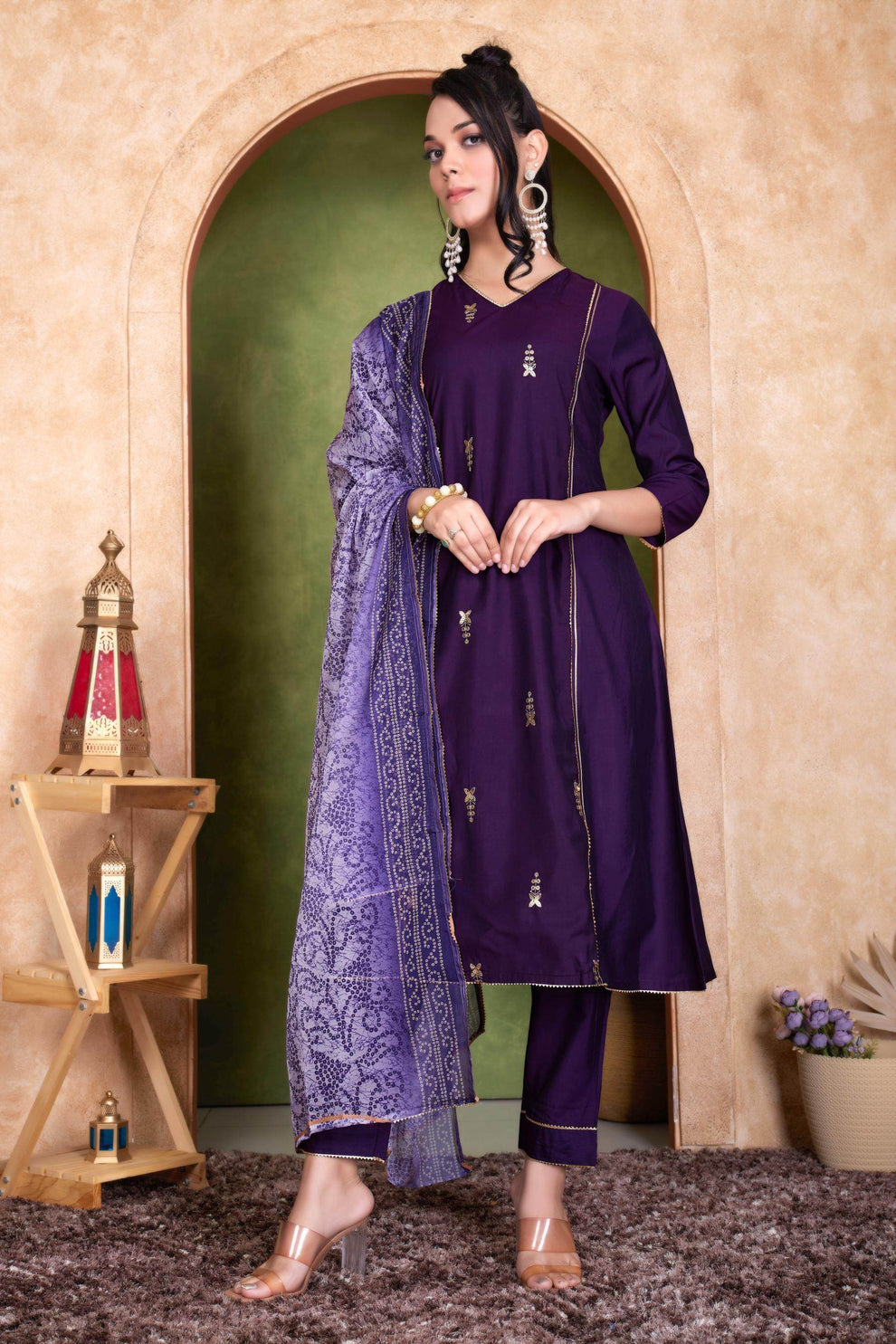 Preet Mustard & Purple Chanderi Silk Kurta Set with Dupatta for Women - Ethnic Festive Wear