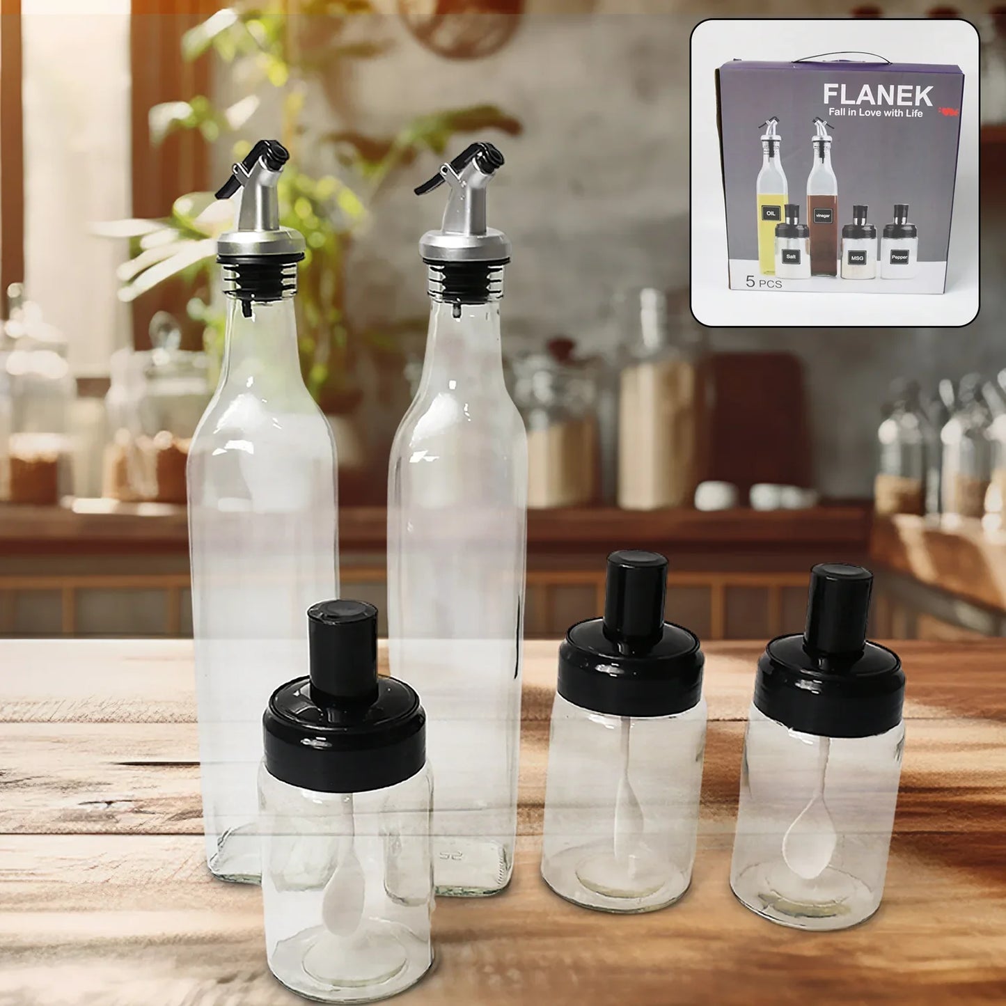 10011 Transparent Glassoil Dispenser 500 Ml Bottle Set Of 2 Spice Jar 250 Ml Set Of 3 Oil Bottle For Kitchen Oil Vinegar Storage Glass Bottle Glass Container For Spice Masala (5 Pcs Set) - warehousetech13