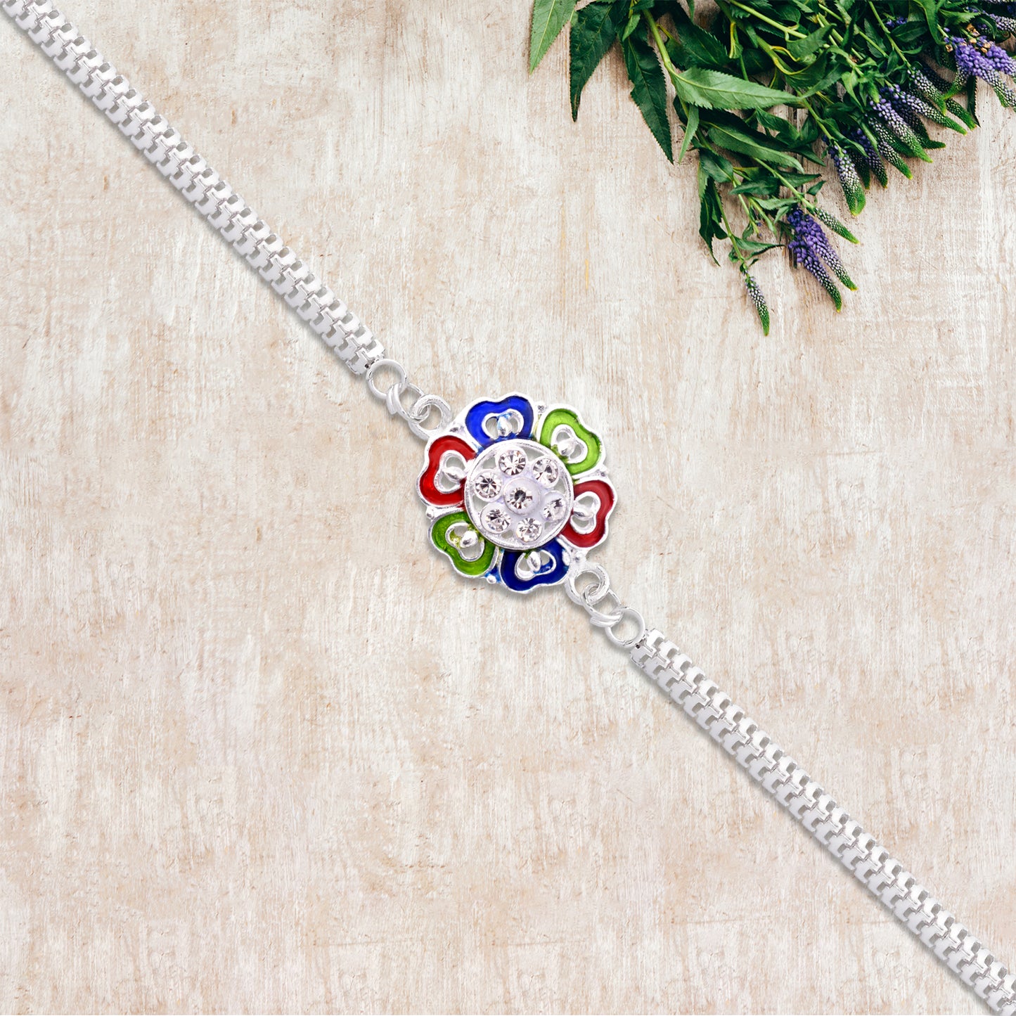 Silver Floral Rakhi With Multicolor Enamel And Stones - warehousetech13