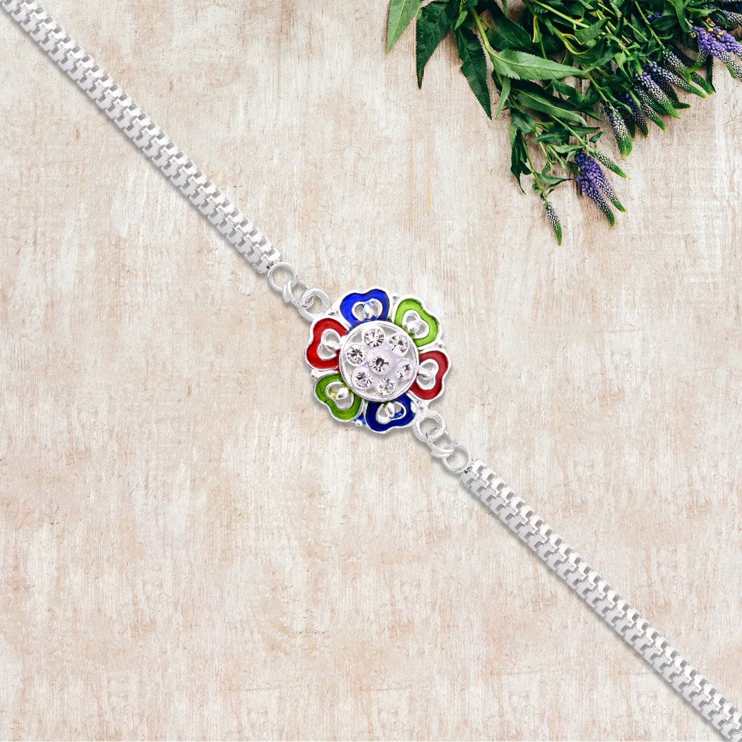Silver Floral Rakhi With Multicolor Enamel And Stones - warehousetech13