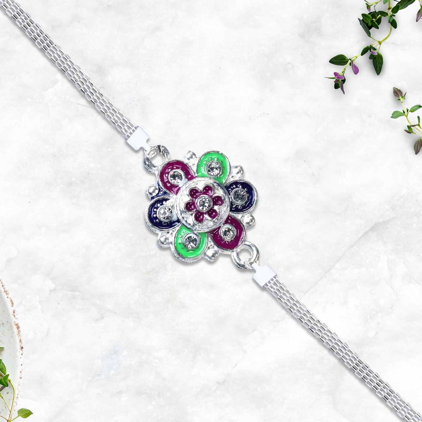Silver Flower Motif Rakhi - warehousetech13
