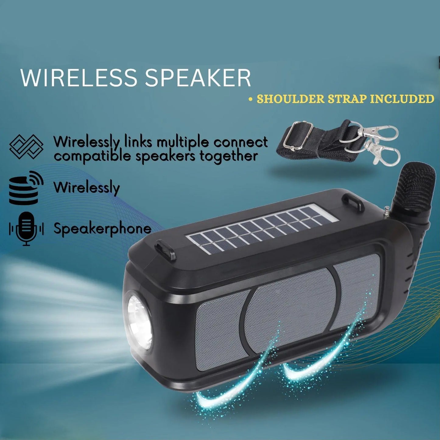 Wireless Bluetooth Speaker 5w High Bass With Wireless Mic Microphone Led Torch Solar Charging Support Usb Adjustable Strap (1 Set) - warehousetech13
