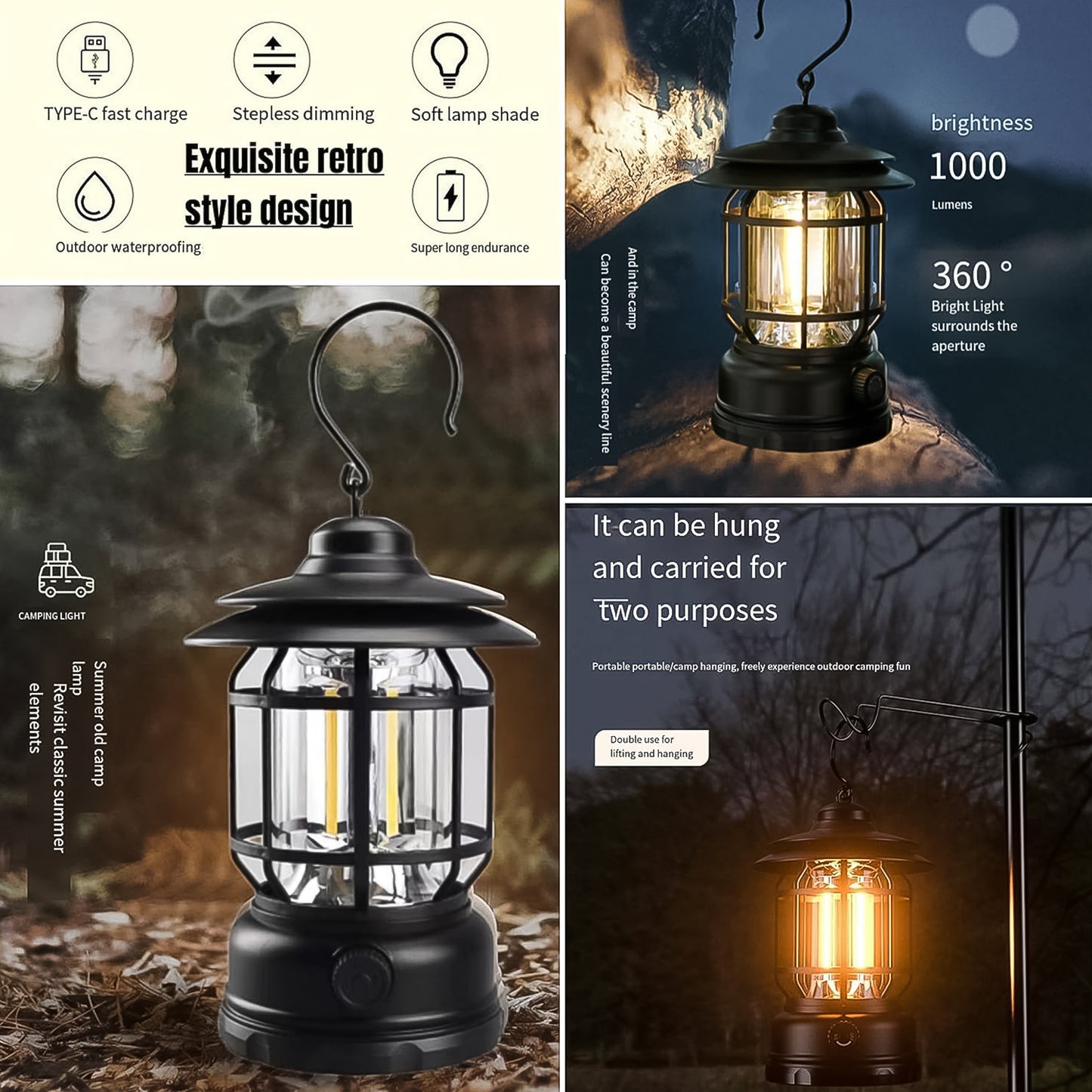 Led Camping Light Retro Style Lighting Battery Type-c Rechargeable (1 Pc) - warehousetech13