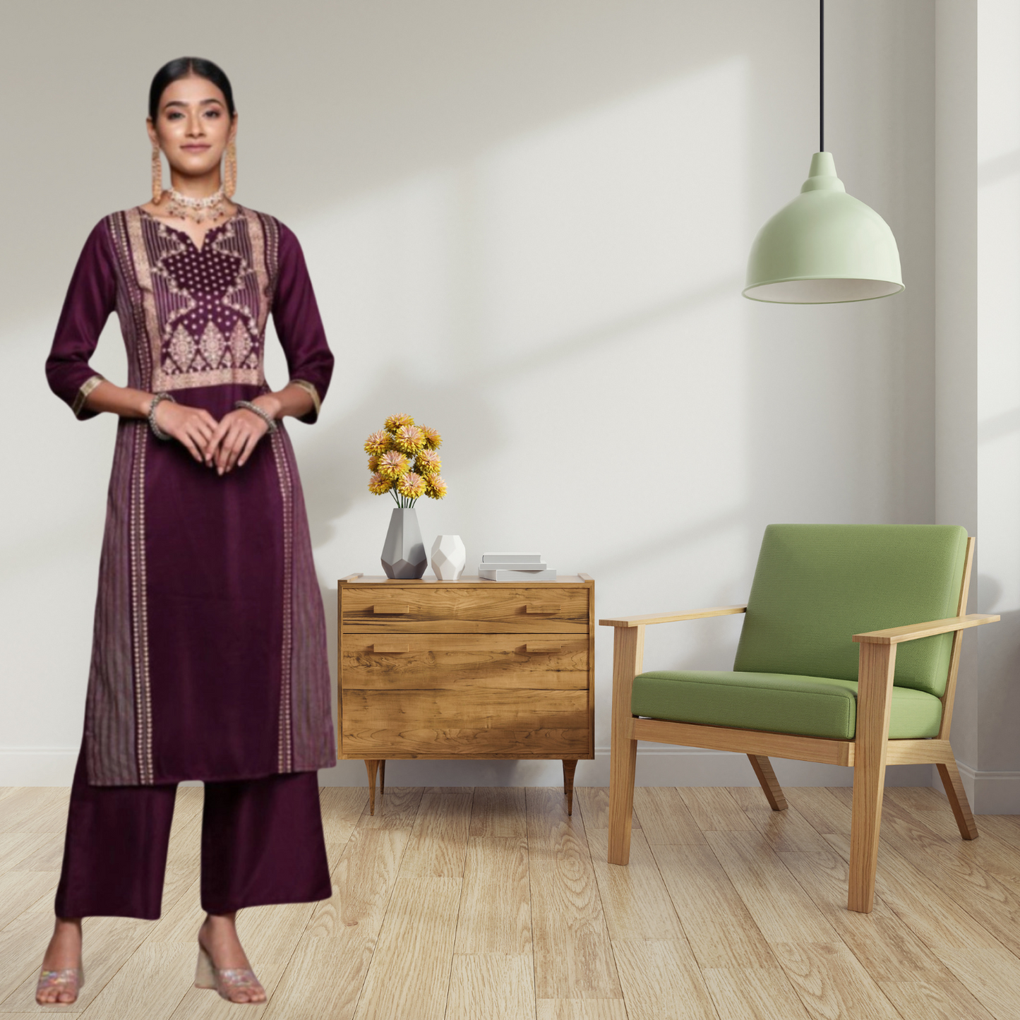 Women's Ethnic Motifs 3/4 Sleeve Casual Chinon Kurti and Palazzo Set (Purple) - warehousetech13