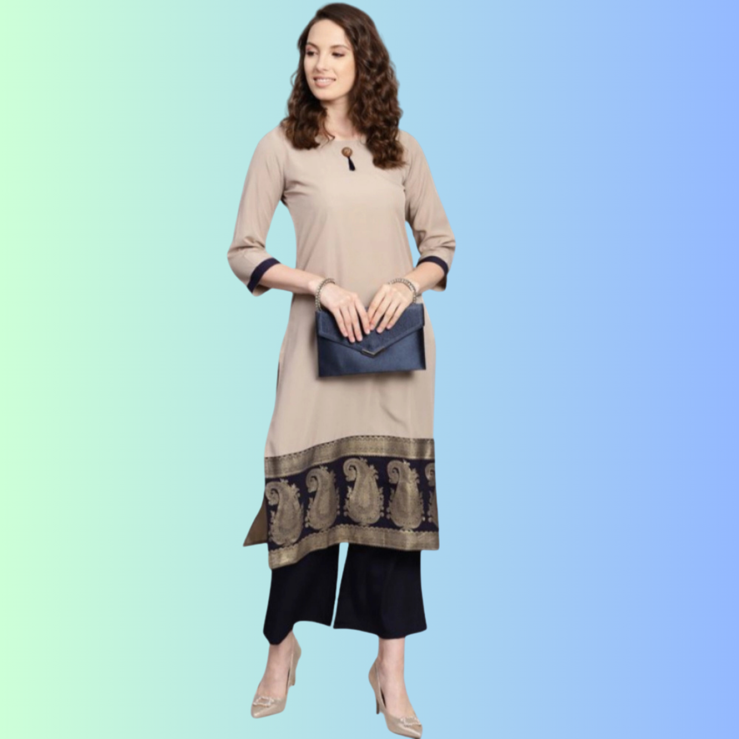 Women's Casual Kurti and Palazzo Set with 3/4 Sleeve in Paisley Design (Beige) - warehousetech13