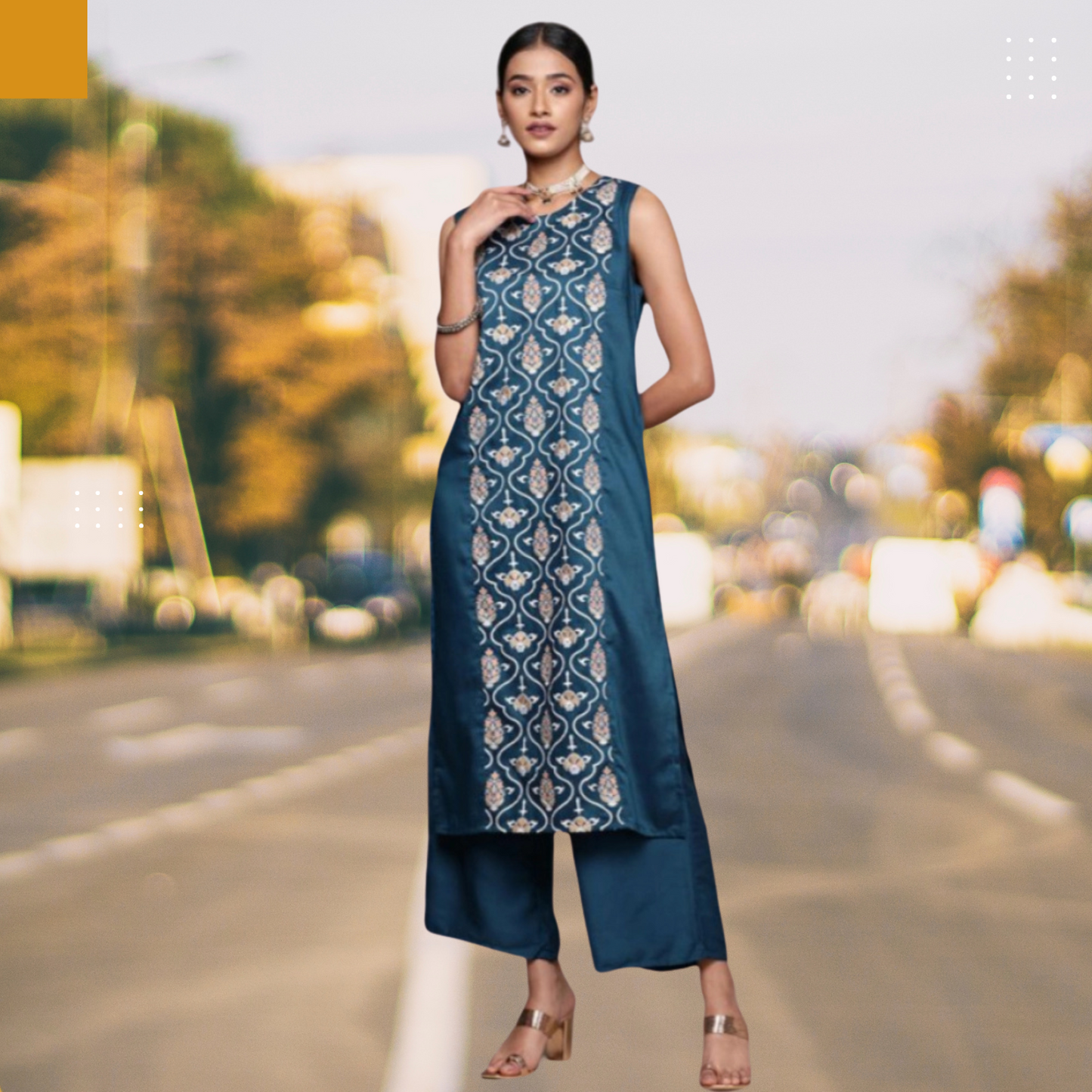 Women’s Casual Floral Printed Sleeveless Chinon Kurti with Palazzo Set (Maroon & Teal Blue)