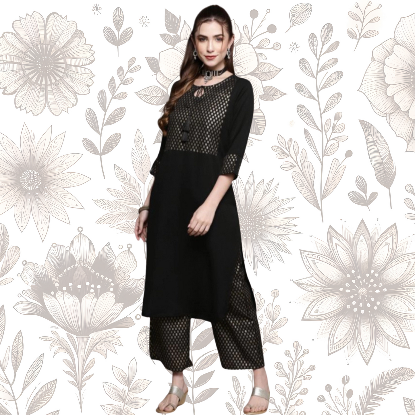 Women’s Casual Full Sleeve Kurti and Palazzo Set with Ethnic Designs in Crepe Fabric (Black & Dark Pink) - warehousetech13