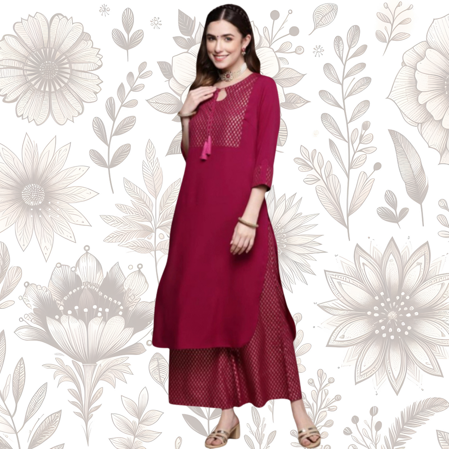 Women’s Casual Full Sleeve Kurti and Palazzo Set with Ethnic Designs in Crepe Fabric (Black & Dark Pink) - warehousetech13