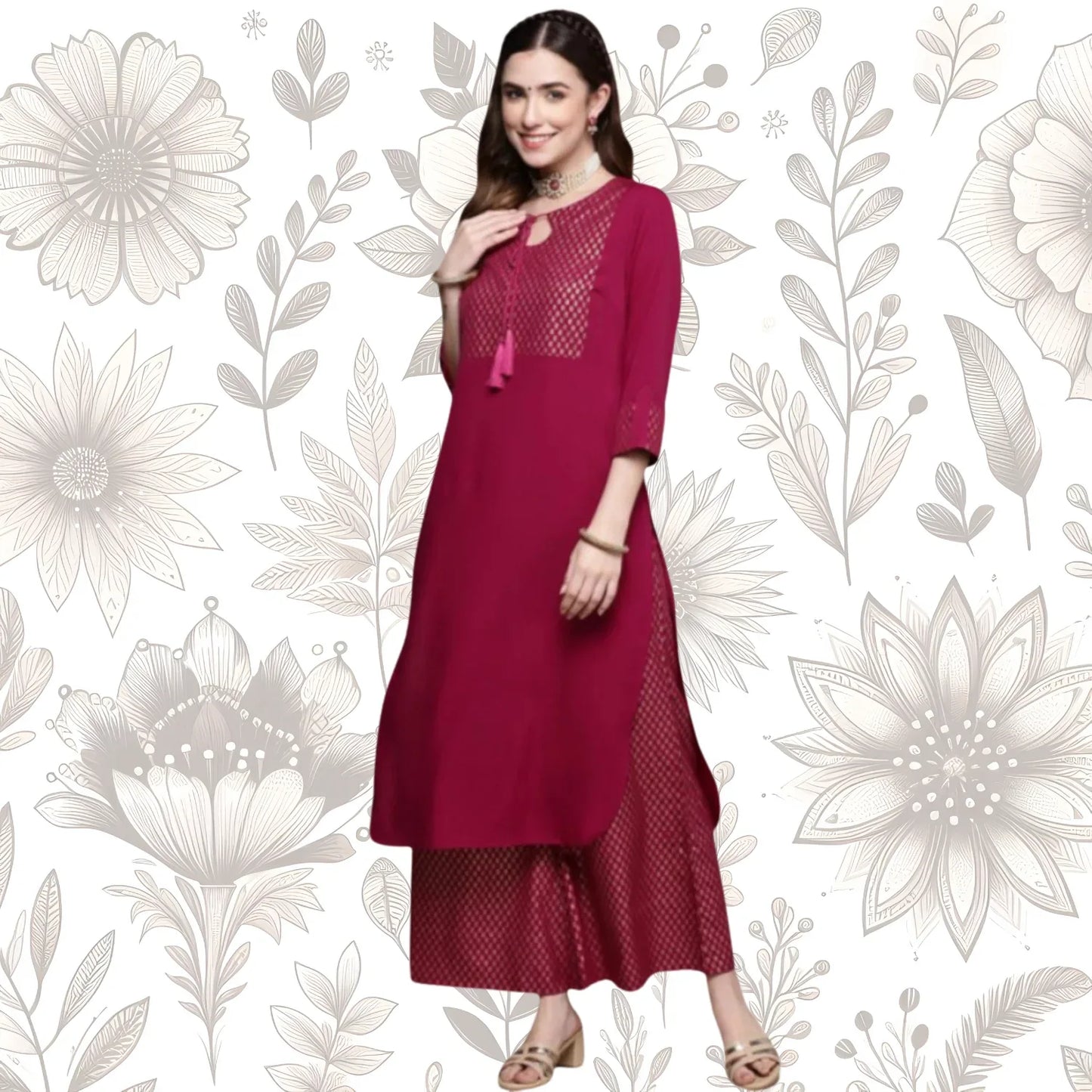 Women’s Casual Full Sleeve Kurti and Palazzo Set with Ethnic Designs in Crepe Fabric (Black & Dark Pink) - warehousetech13
