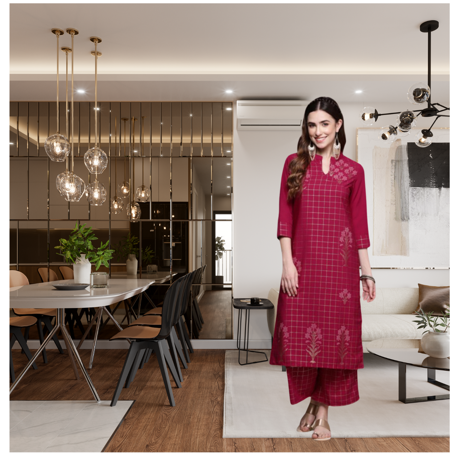 Casual 3/4 Sleeve Floral Printed Crepe Kurti and Palazzo Set for Women (Maroon) - warehousetech13