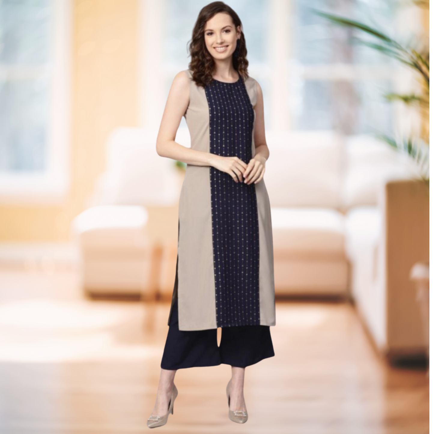 Women’s Floral Print Casual Sleeveless Kurti with Palazzo Set (Navy Blue) - warehousetech13