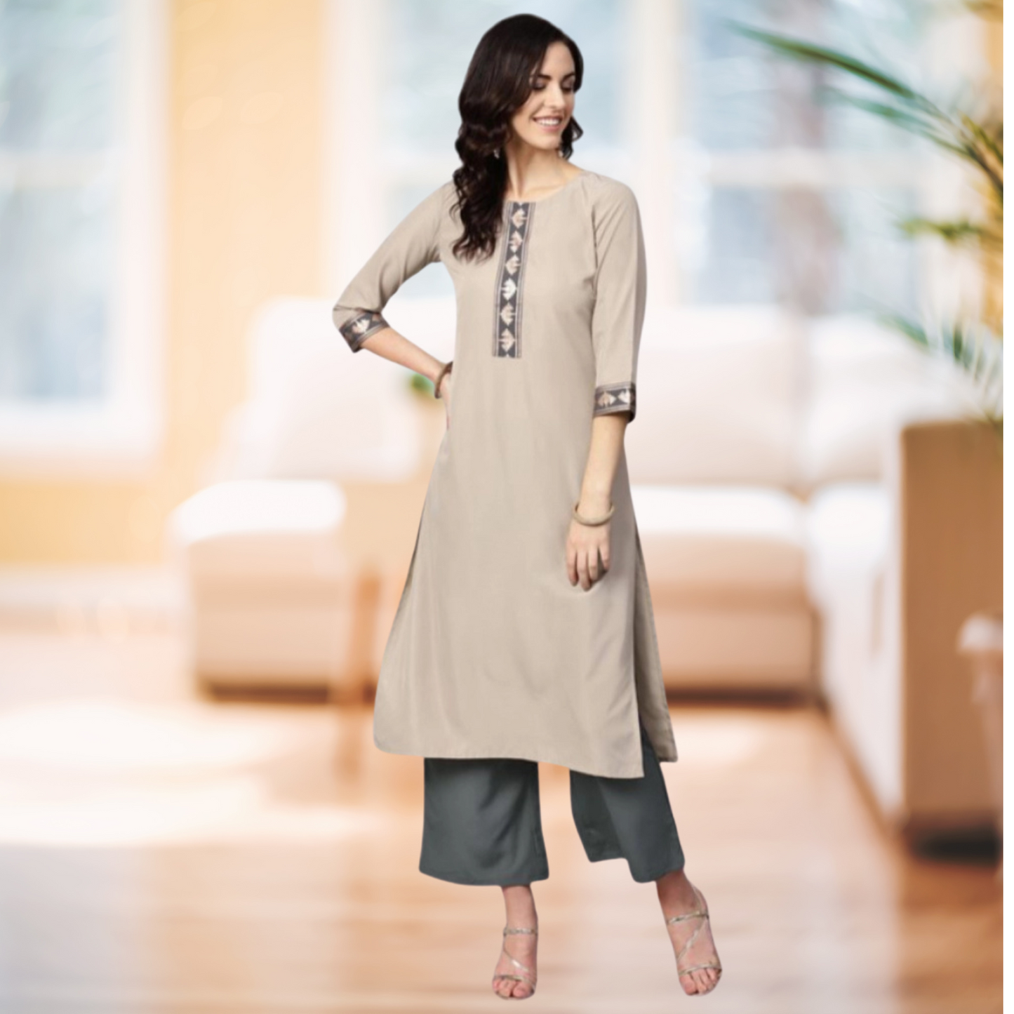 Ladies' Casual 3/4 Sleeve Floral Printed Crepe Kurti and Palazzo Set (Beige) - warehousetech13
