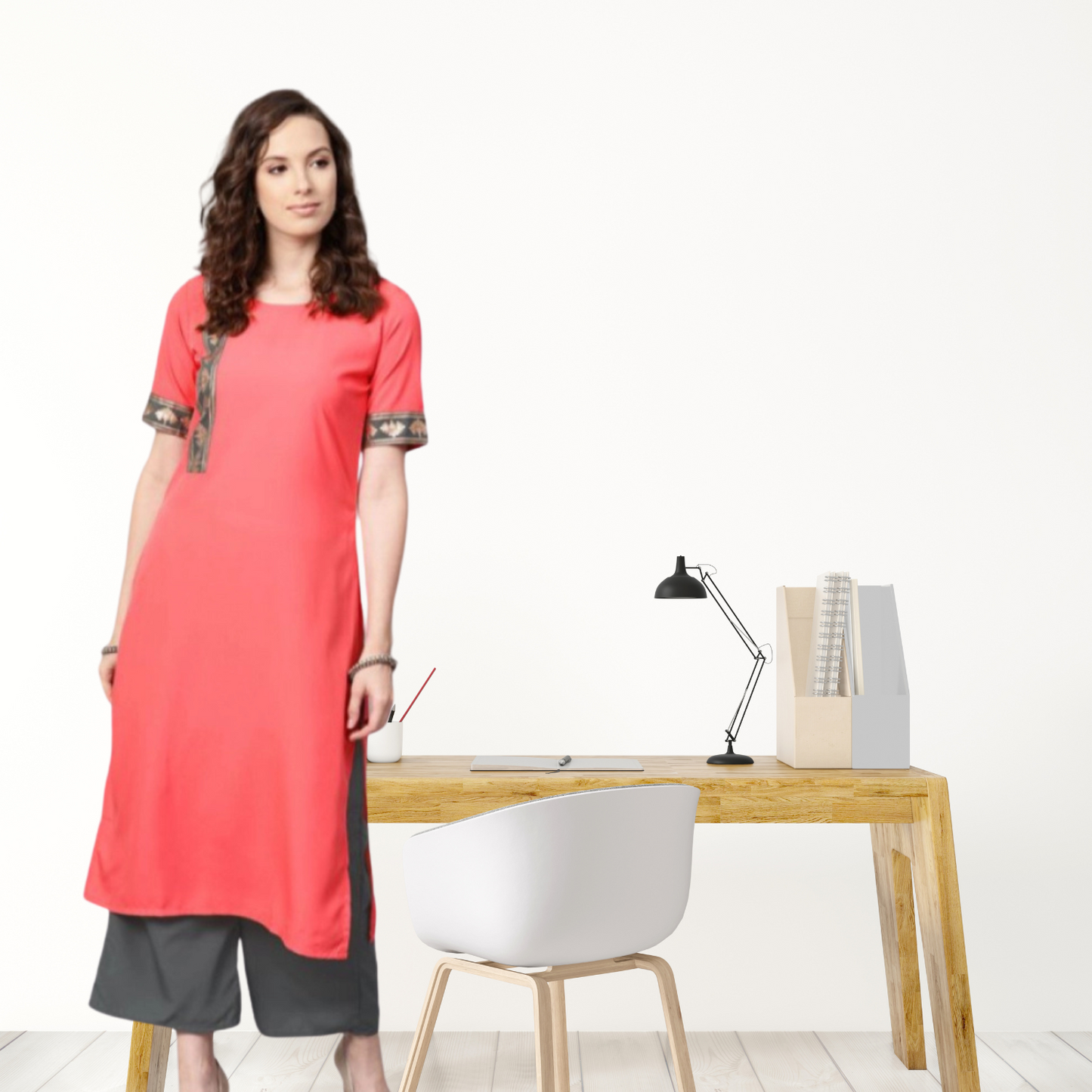 Women’s Relaxed Half Sleeve Floral Design Crepe Kurti and Palazzo Ensemble (Peach) - warehousetech13