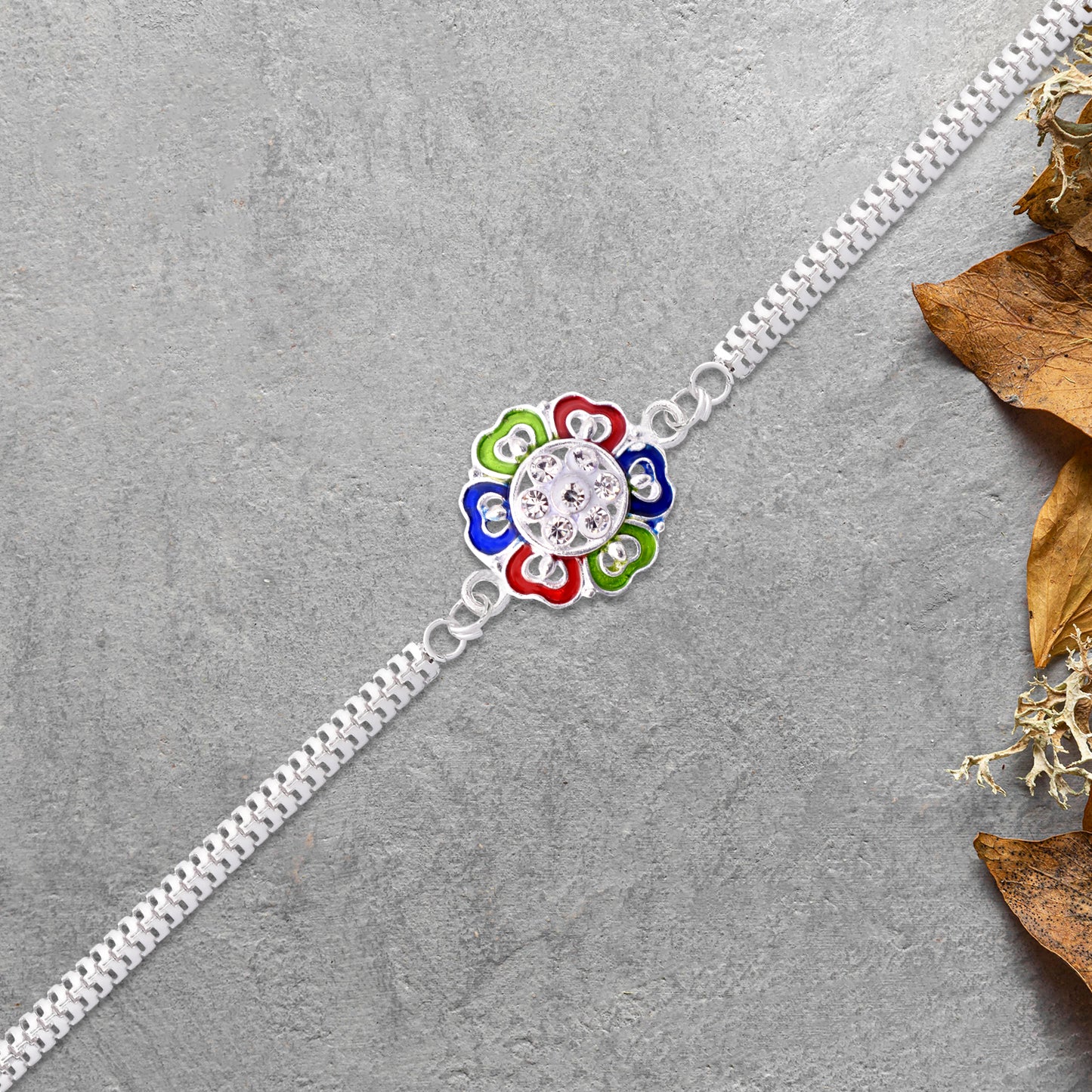 Silver Floral Rakhi With Multicolor Enamel And Stones - warehousetech13