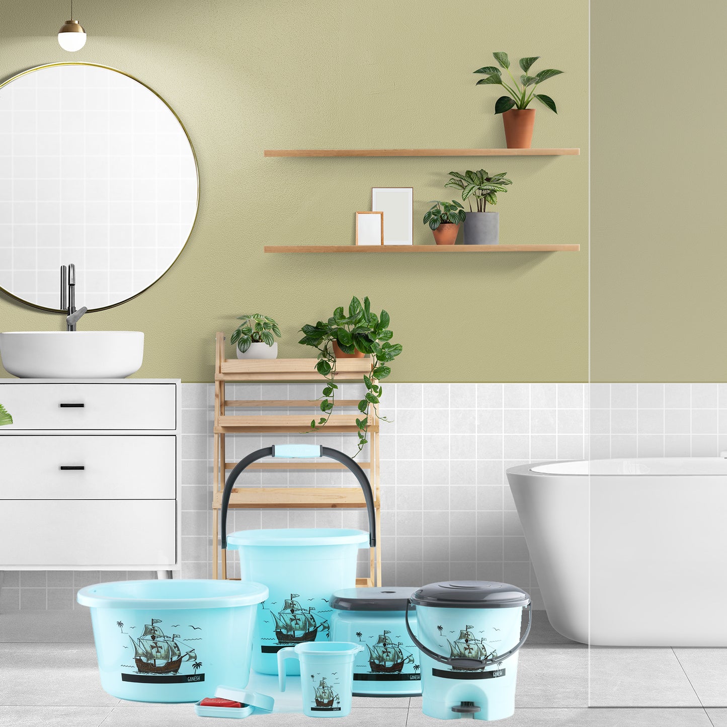 8701 Plastic Bathroom Accessories Set 6 Pcs Bath Set Bathroom Bucket With Dustbin Mug Stool Soap Casetub - warehousetech13