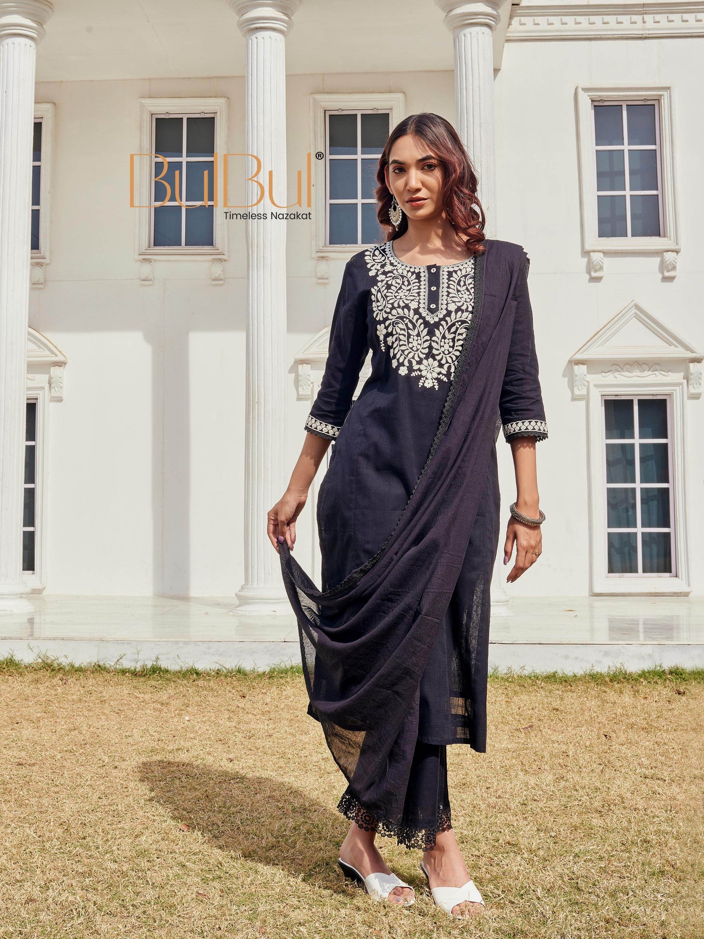 Samantha Black Cotton Kurta Set with Dupatta for Women