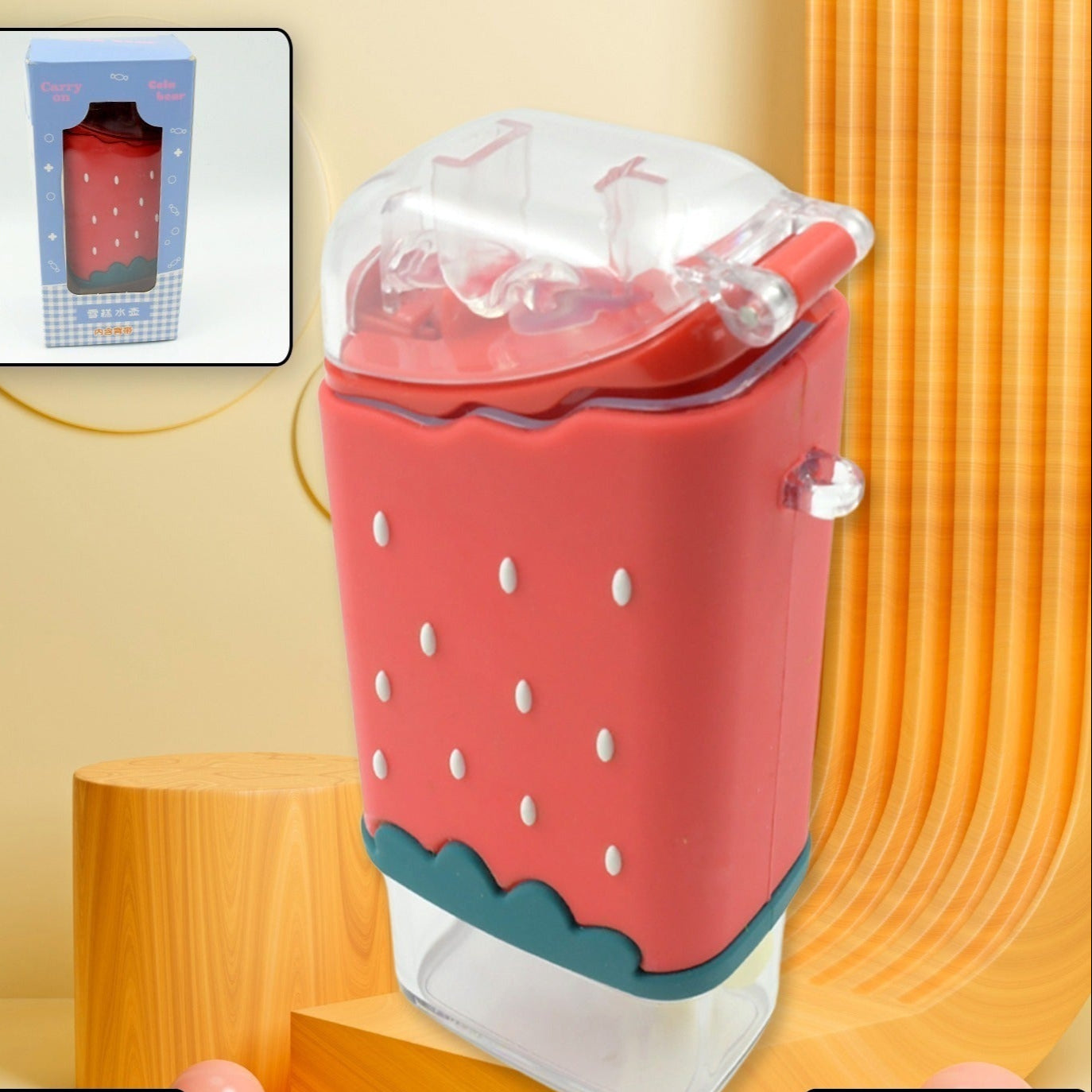 Portable Cute Water Bottle For Kids Unique Ice Cream Shape Plastic Kettle With Straw Adjustable Shoulder Strap Bpa Free Leakproof (300 Ml) - warehousetech13