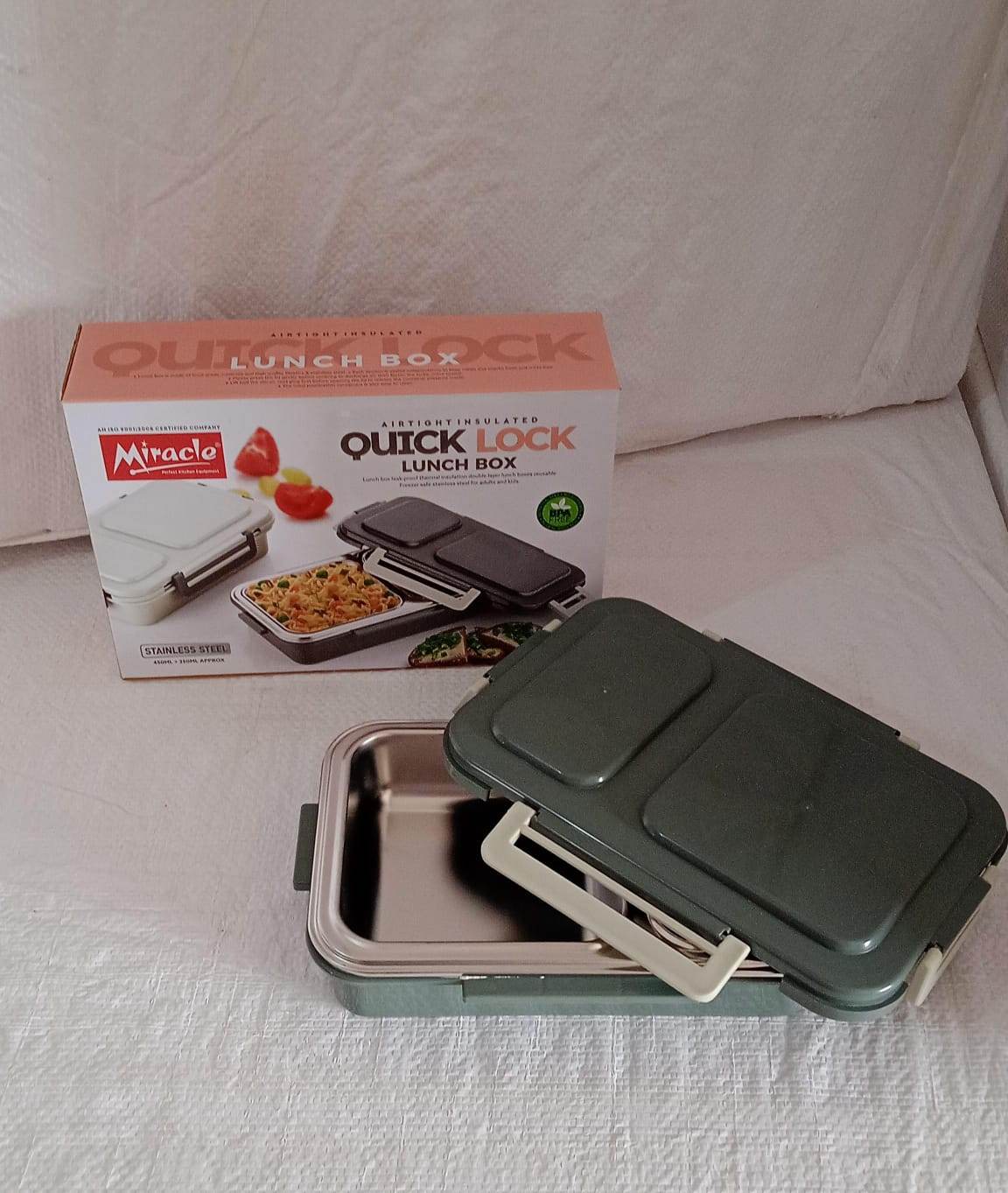 Miracle Quick Lock Leak Proof 2 Compartment Stainless Steel Lunch Box Inner Plate Reusable Microwave Freezer Safe Lunch Box - warehousetech13