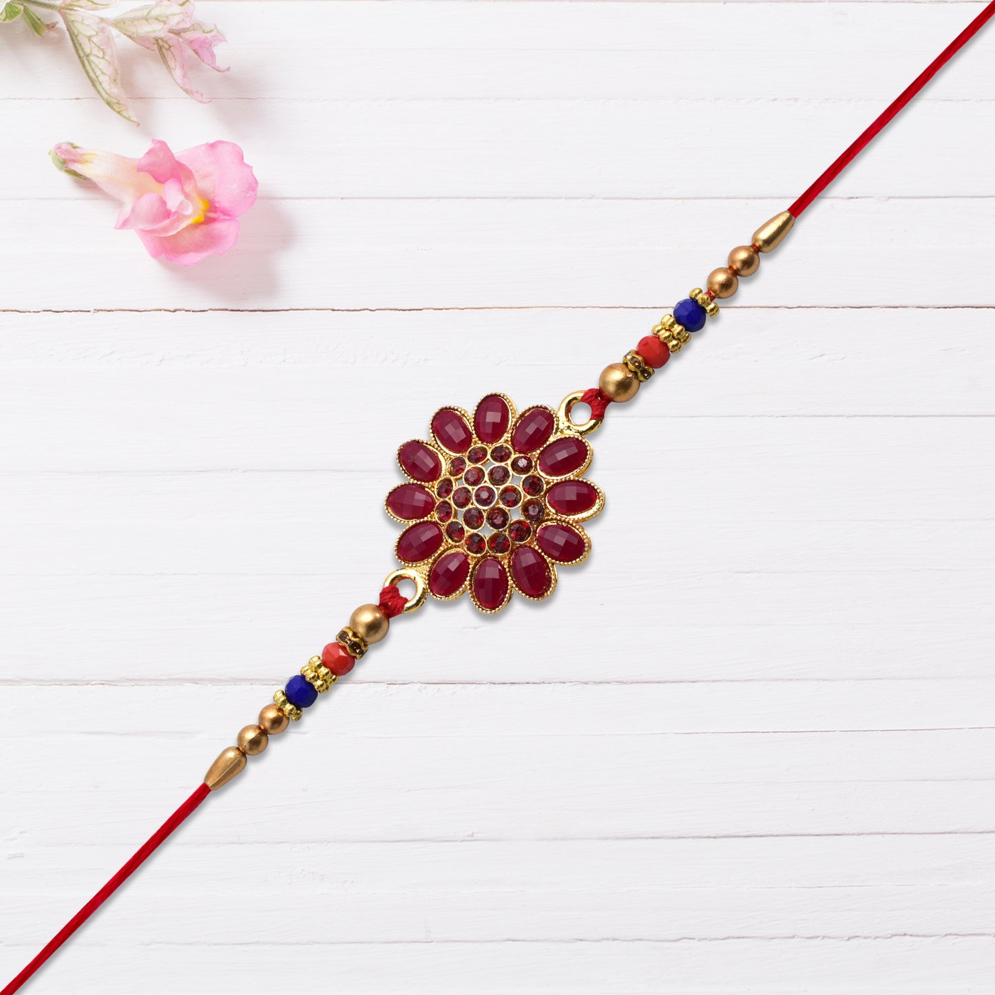 Red Floral Stone Rakhi With Bead Accents - warehousetech13