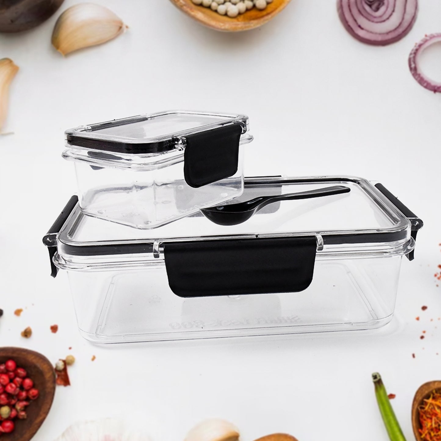 Plastic Kitchen Storage Container Big 800 Ml Small 250 Ml With Air Seal Lock Lid Spoon - warehousetech13