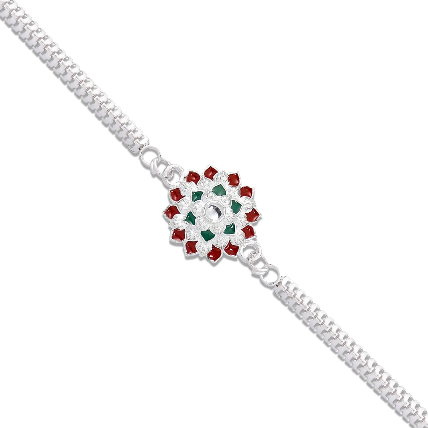 Traditional Floral Rakhi With Red Green Stones Silver Designer Rakhi For Brother - warehousetech13