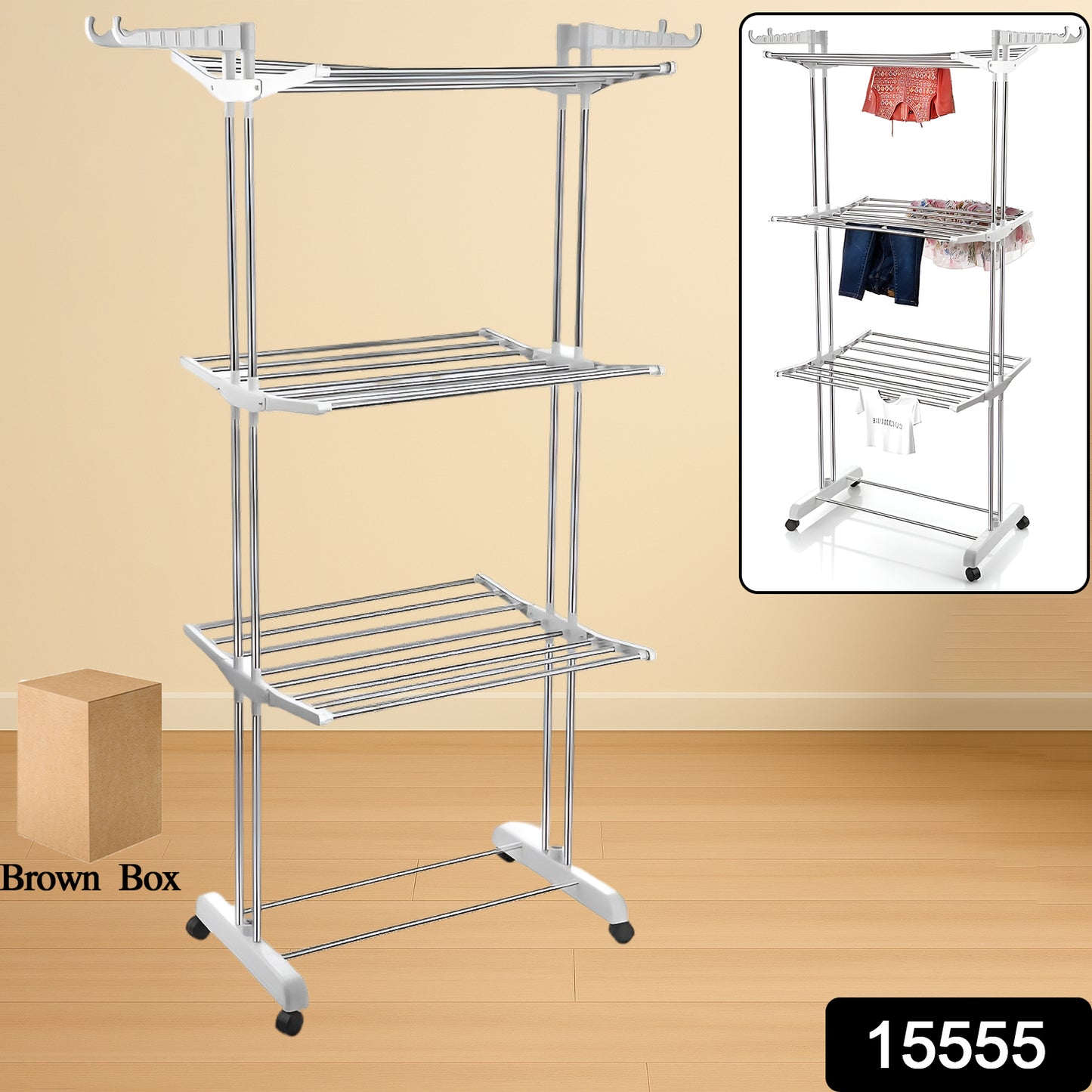 3-tier Foldable Stainless Steel Cloth Drying Stand With Wheels - warehousetech13