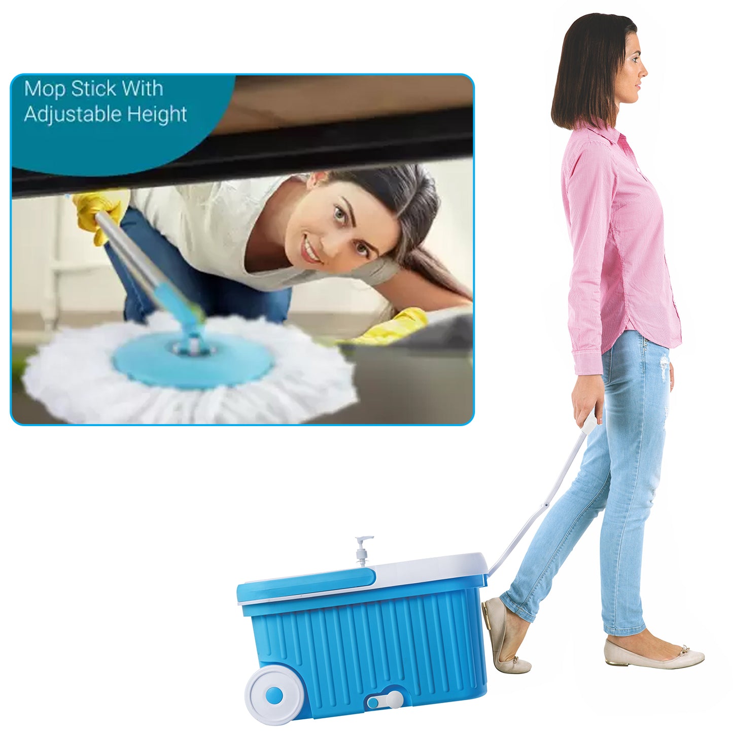 Sporty Plastic Spin Mop With Bigger Wheels And Plastic Auto Fold Handle For 360 Degree Cleaning. - warehousetech13