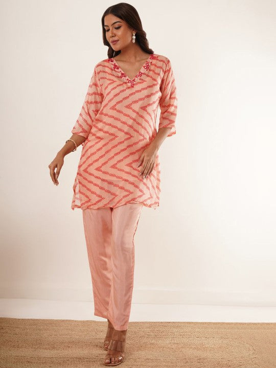 Floral Printed Organza Mirror Work V-Neck Straight Kurta With Trousers - warehousetech13