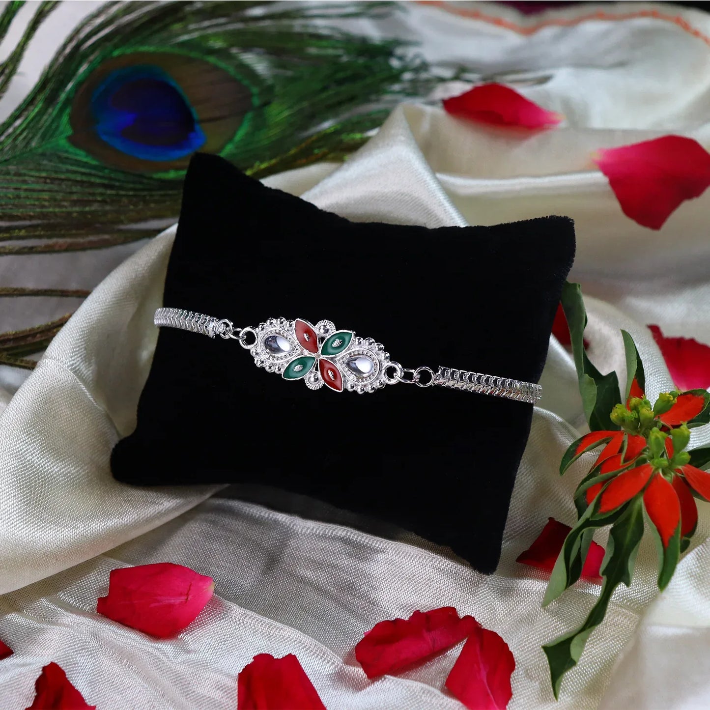 Elegant Floral Rakhi With Red-green Enamel Work And Metal Chain - warehousetech13