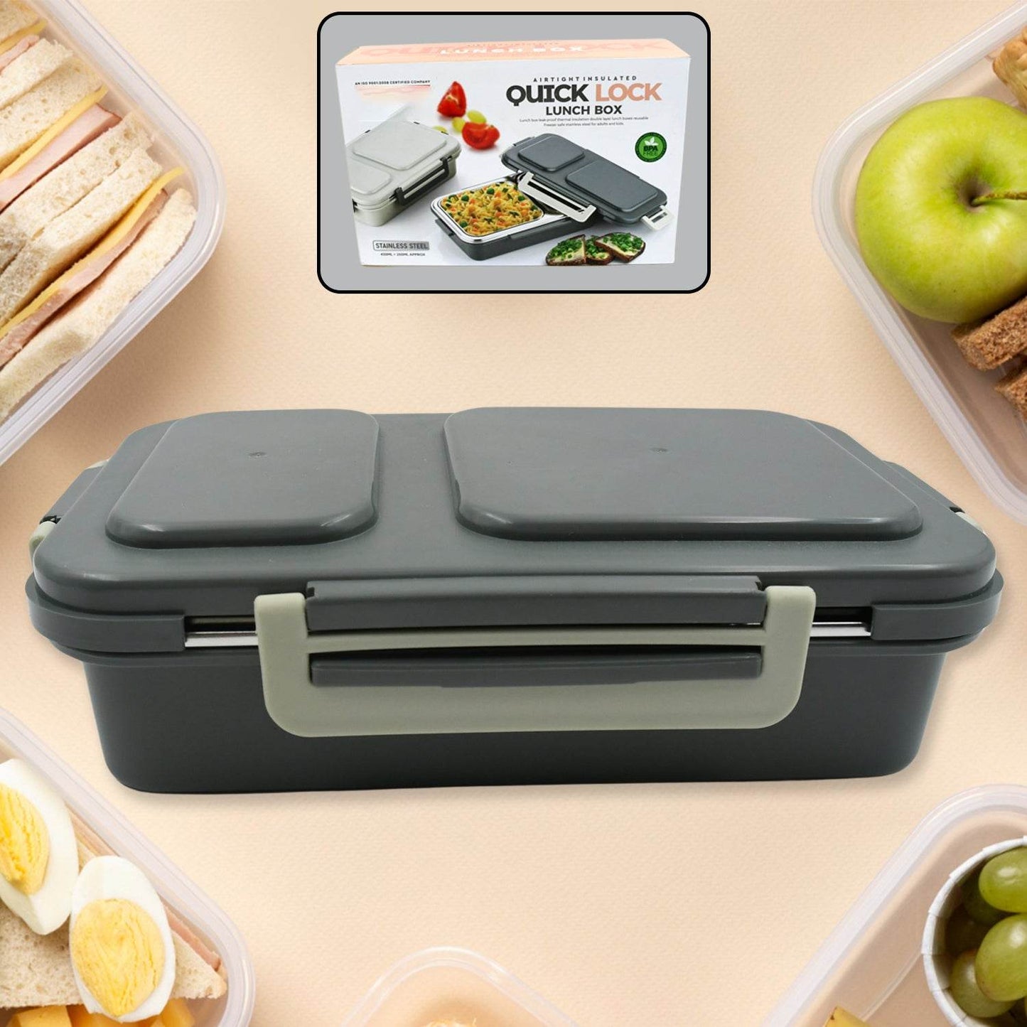 Miracle Quick Lock Leak Proof 2 Compartment Stainless Steel Lunch Box Inner Plate Reusable Microwave Freezer Safe Lunch Box - warehousetech13
