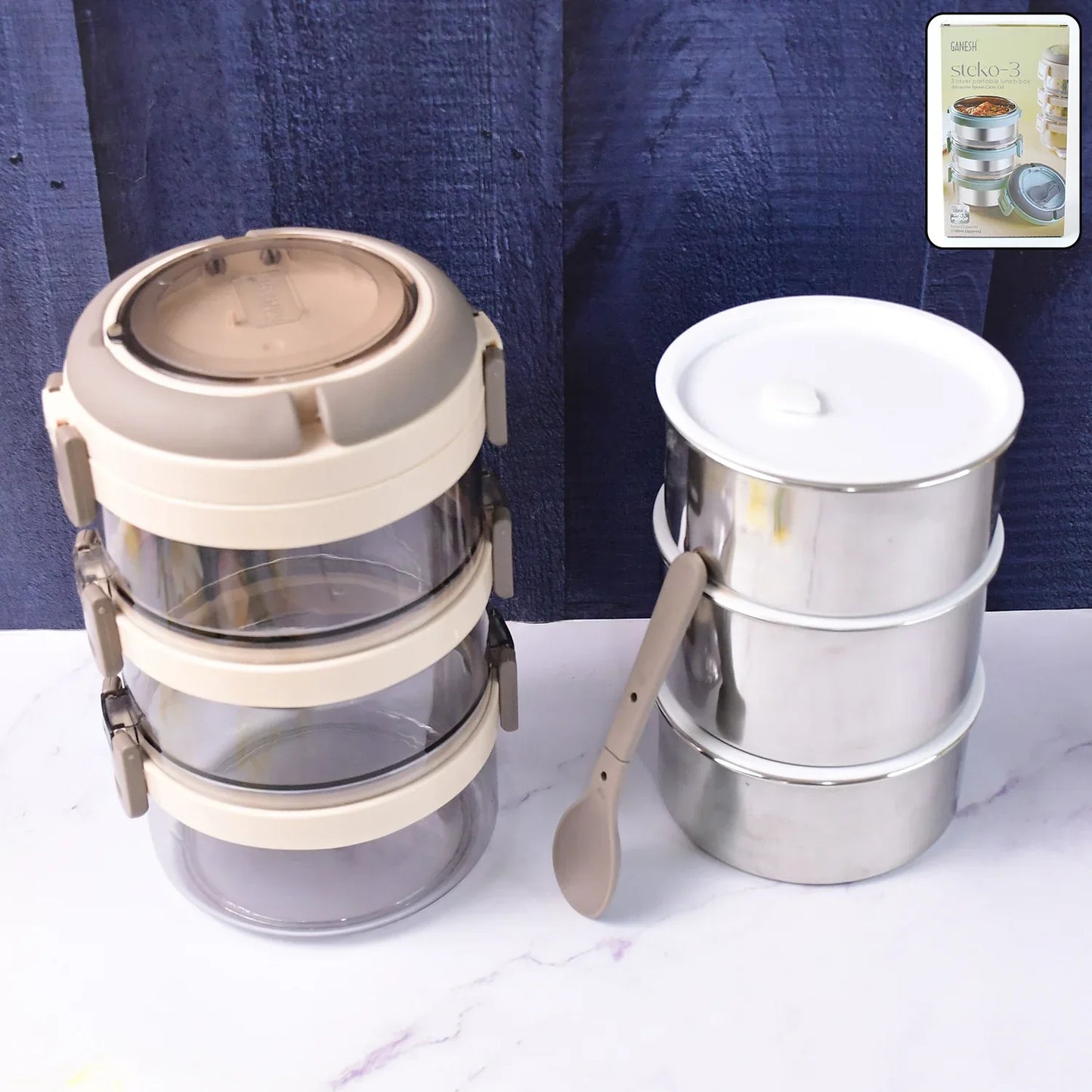 Ganesh Steko-3 Triple Layer Stainless Steel Insulated Lunch Box Set - warehousetech13