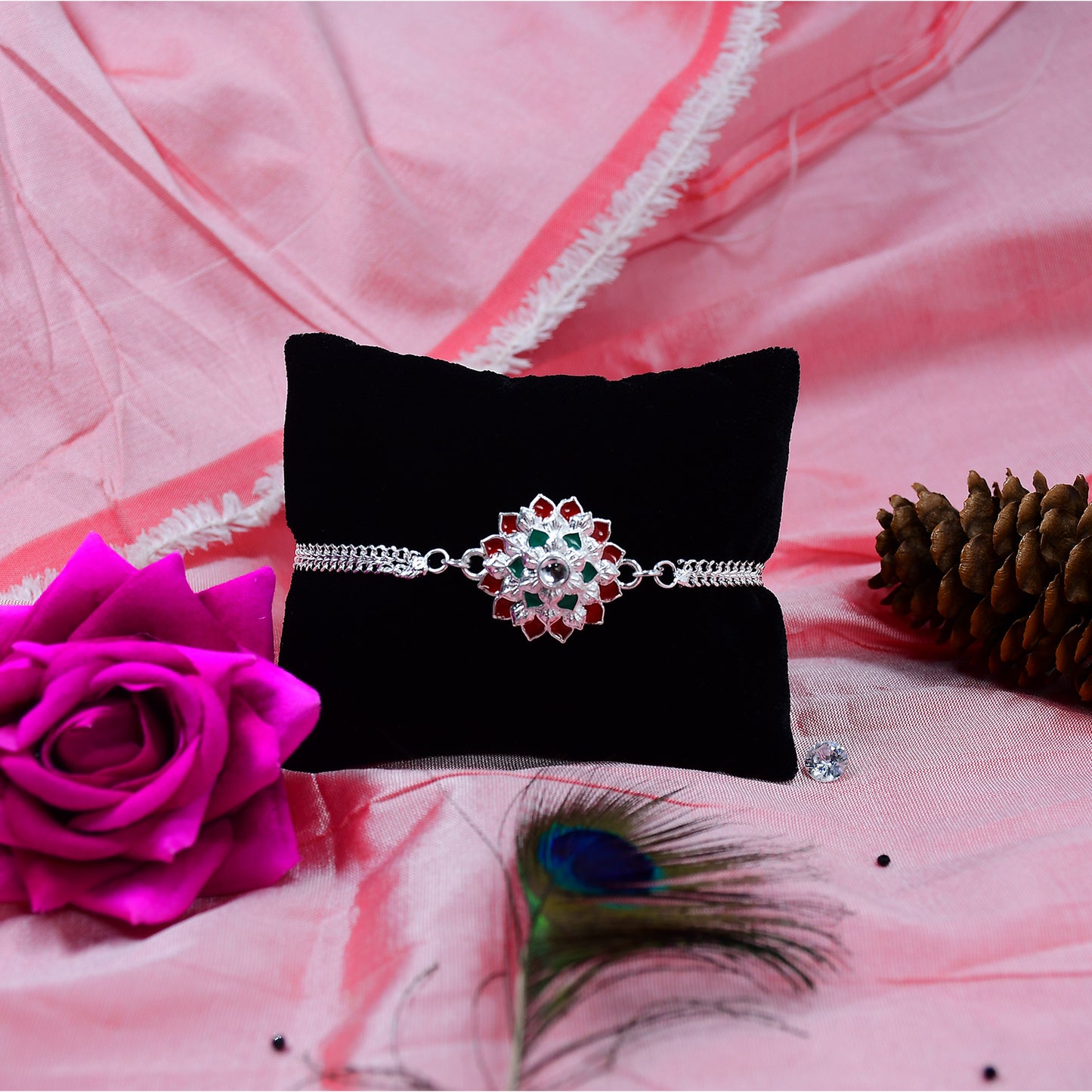 Traditional Floral Rakhi With Red Green Stones Silver Designer Rakhi For Brother - warehousetech13