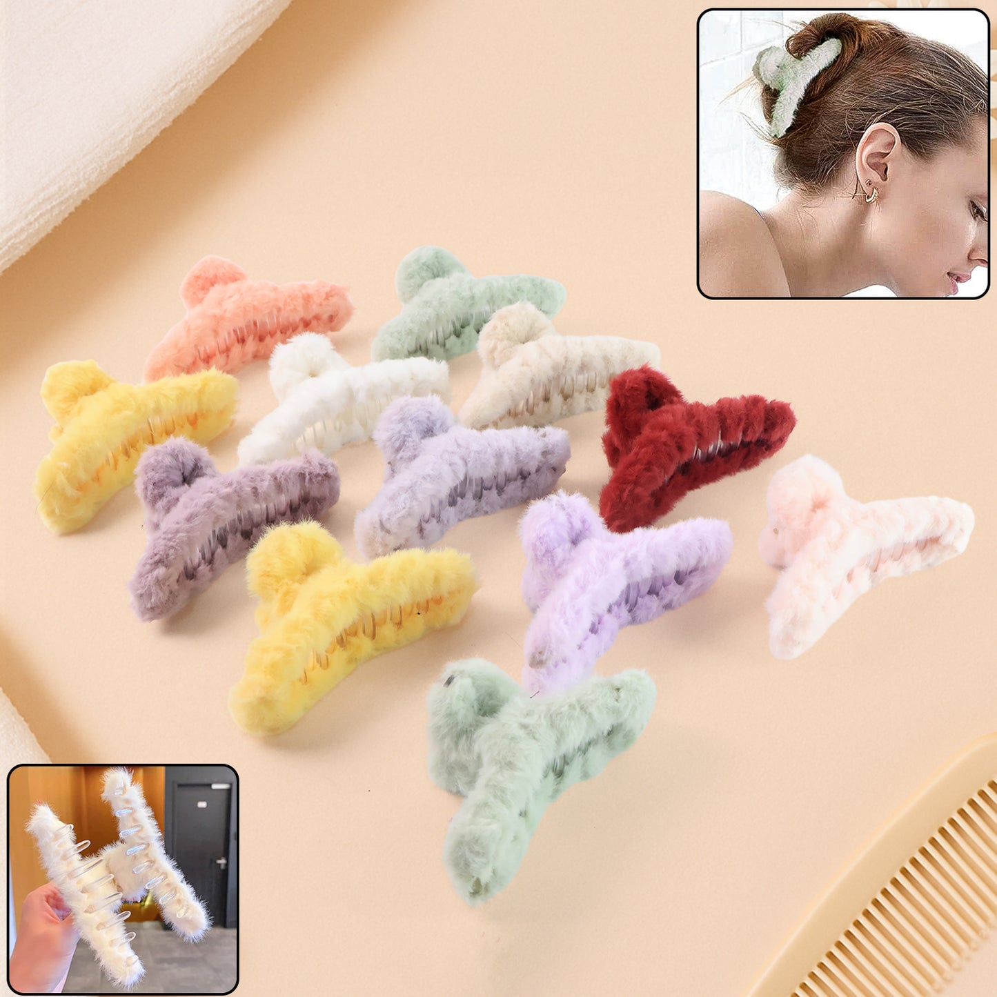Premium Soft Fur Coated Hair Clutcher Clip Set (12 Pc) - warehousetech13