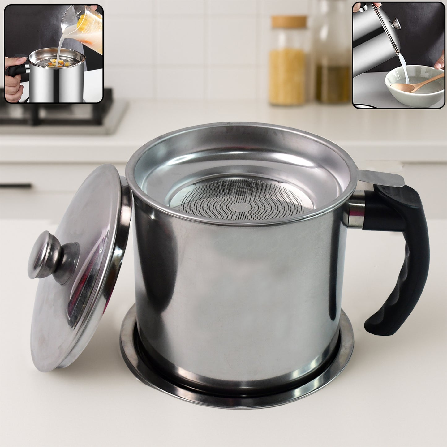 Stainless Steel Oil Strainer Pot with Lid & Filter Mesh | Grease Storage Container with Heat-Resistant Handle & Easy Pour Spout (1 Set)