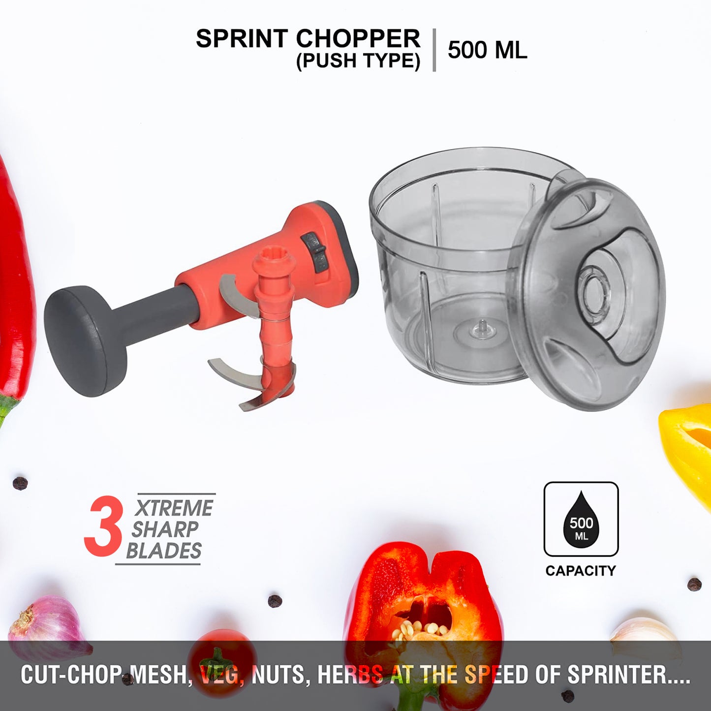 5901 Matte Finish Manual Hand Press Chopper For Kitchen Mini Handy Compact Chopper With 3 Blades For Effortlessly Chopping Vegetables Fruits For Your Kitchen. - warehousetech13