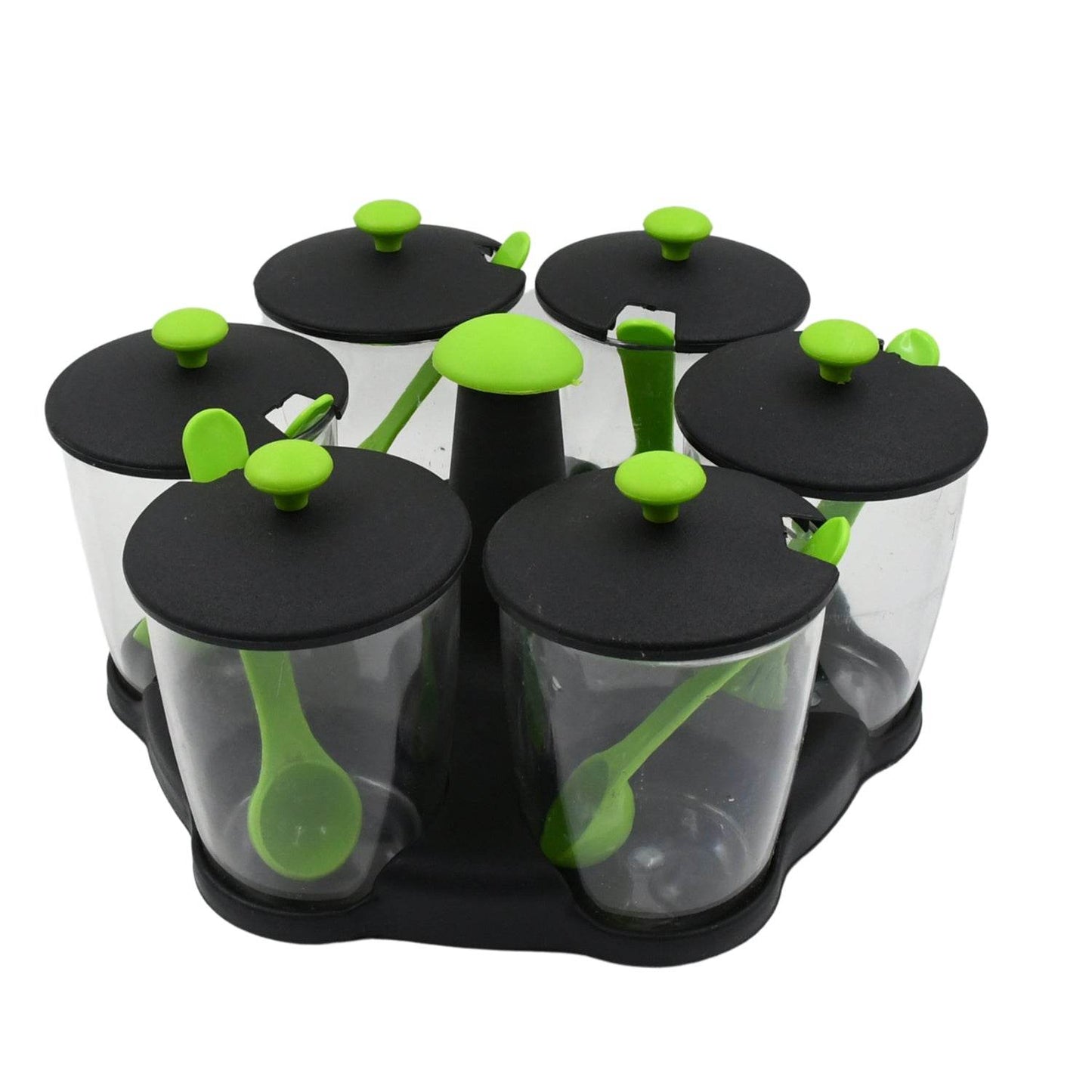 Multipurpose 6 Piece Miracle Revolving Plastic Spice Container Rack With 6 Spoon Condiment Set Masala Rack Set - warehousetech13