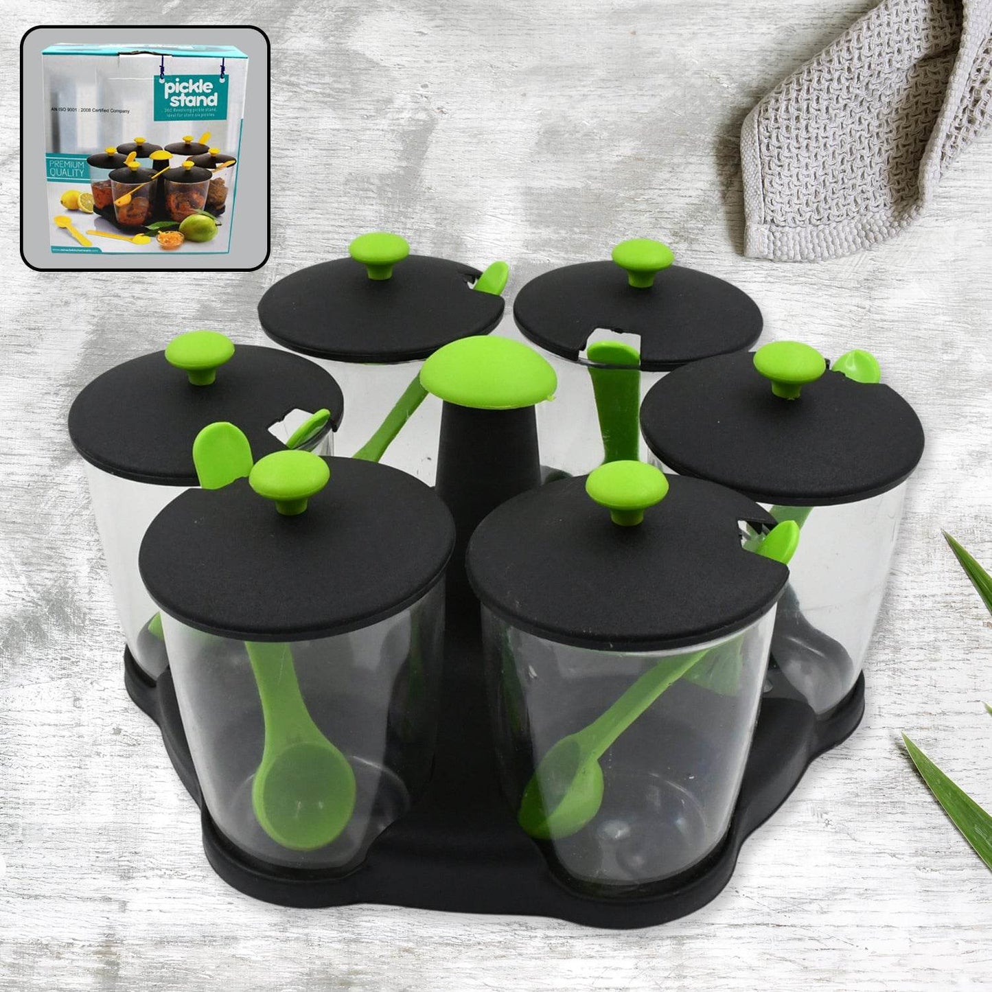 Multipurpose 6 Piece Miracle Revolving Plastic Spice Container Rack With 6 Spoon Condiment Set Masala Rack Set - warehousetech13