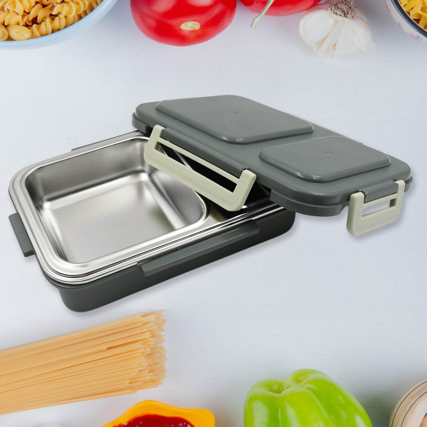 Miracle Quick Lock Leak Proof 2 Compartment Stainless Steel Lunch Box Inner Plate Reusable Microwave Freezer Safe Lunch Box - warehousetech13