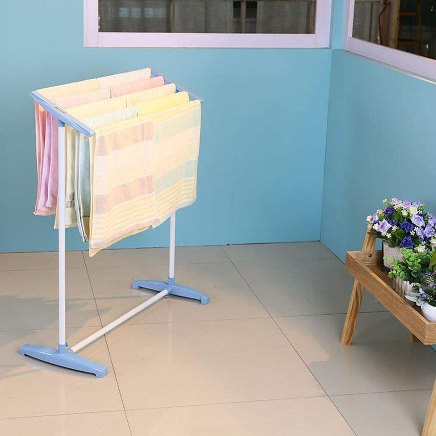 Multi-functional Single Tier Mobile Towel Foldable Rack For Cloth And Towel Stainless Steel And Plastic Made Mobile Towel And Cloth Rack Holder Indoor Outdoor Standing Movable Cloth Dryer Rack Balcony Cloth Drying Stand - warehousetech13