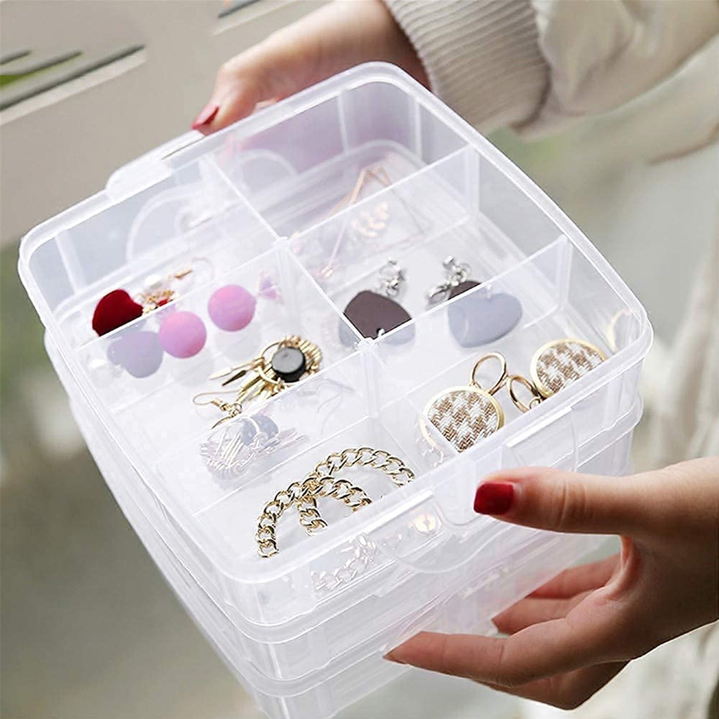 3-tier 18 Sections Transparent Stackable Adjustable Compartment Slot Plastic Craft Storage Box - warehousetech13