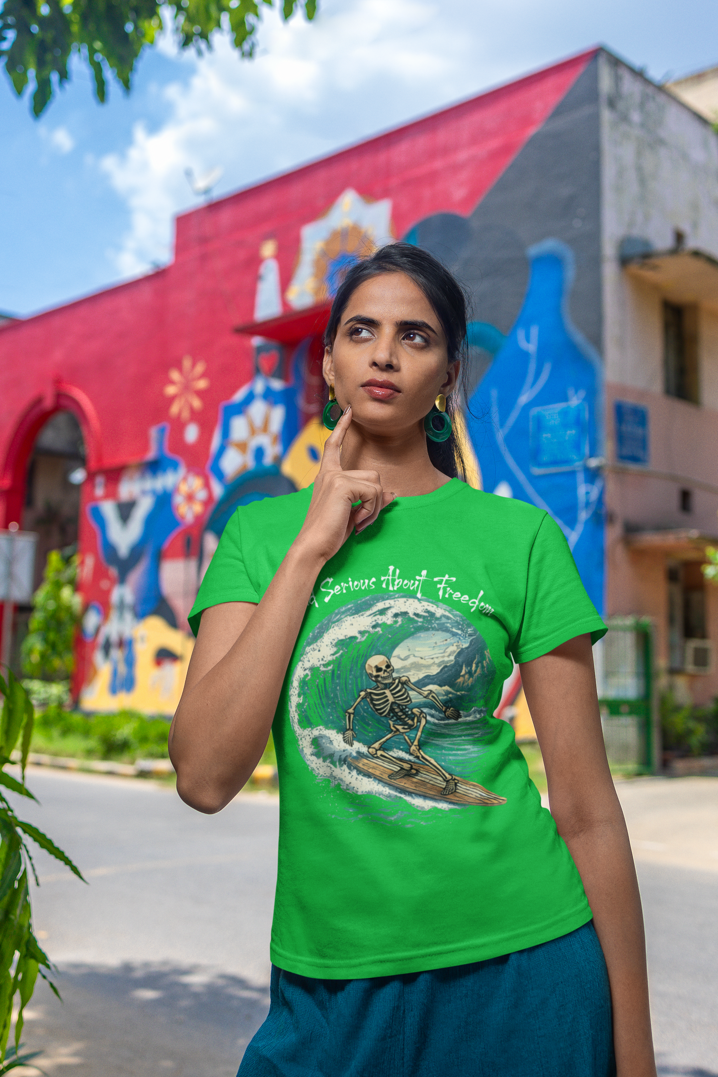 Dead Serious About Freedom Surfing Skeleton T‑Shirt